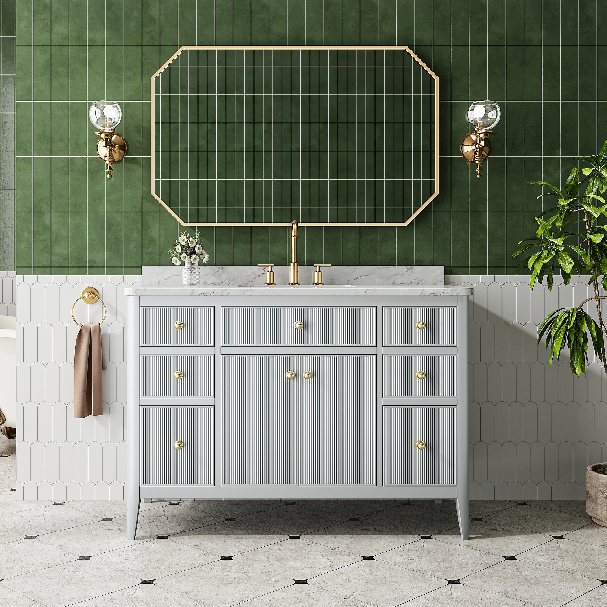 WELLFOR WA-BGF-9648 Fully Assembled Bathroom Vanity 48-in Gray Undermount Single Sink Bathroom Vanity with White Engineered Marble Top