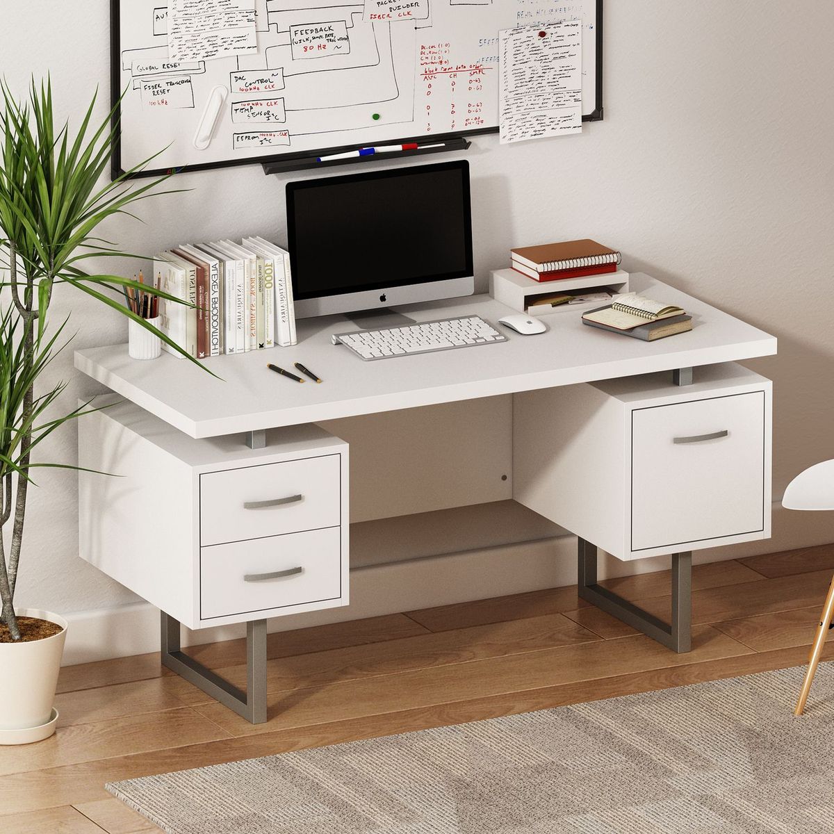 JASMODER W136569886 60 inch  White Study Writing Home Office Desk