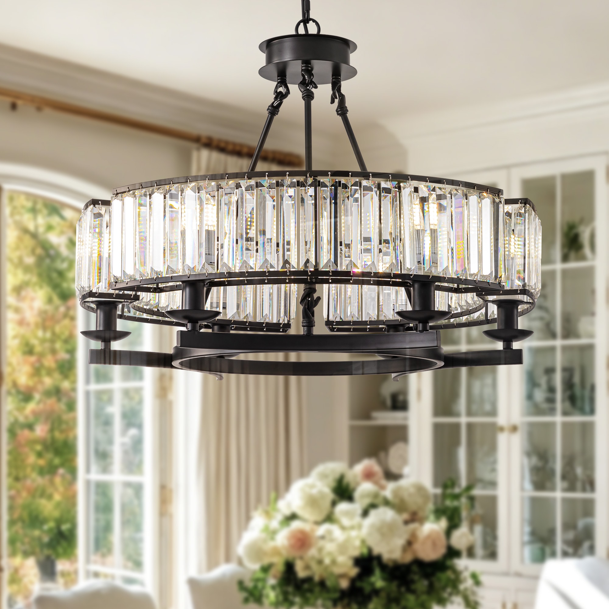 FANNEHONNE 26-in Modern Black Crystal Chandelier 6-Light Linear Drum Height Adjustable Pendant Ceiling Light for Dining Room Bedroom Kitchen