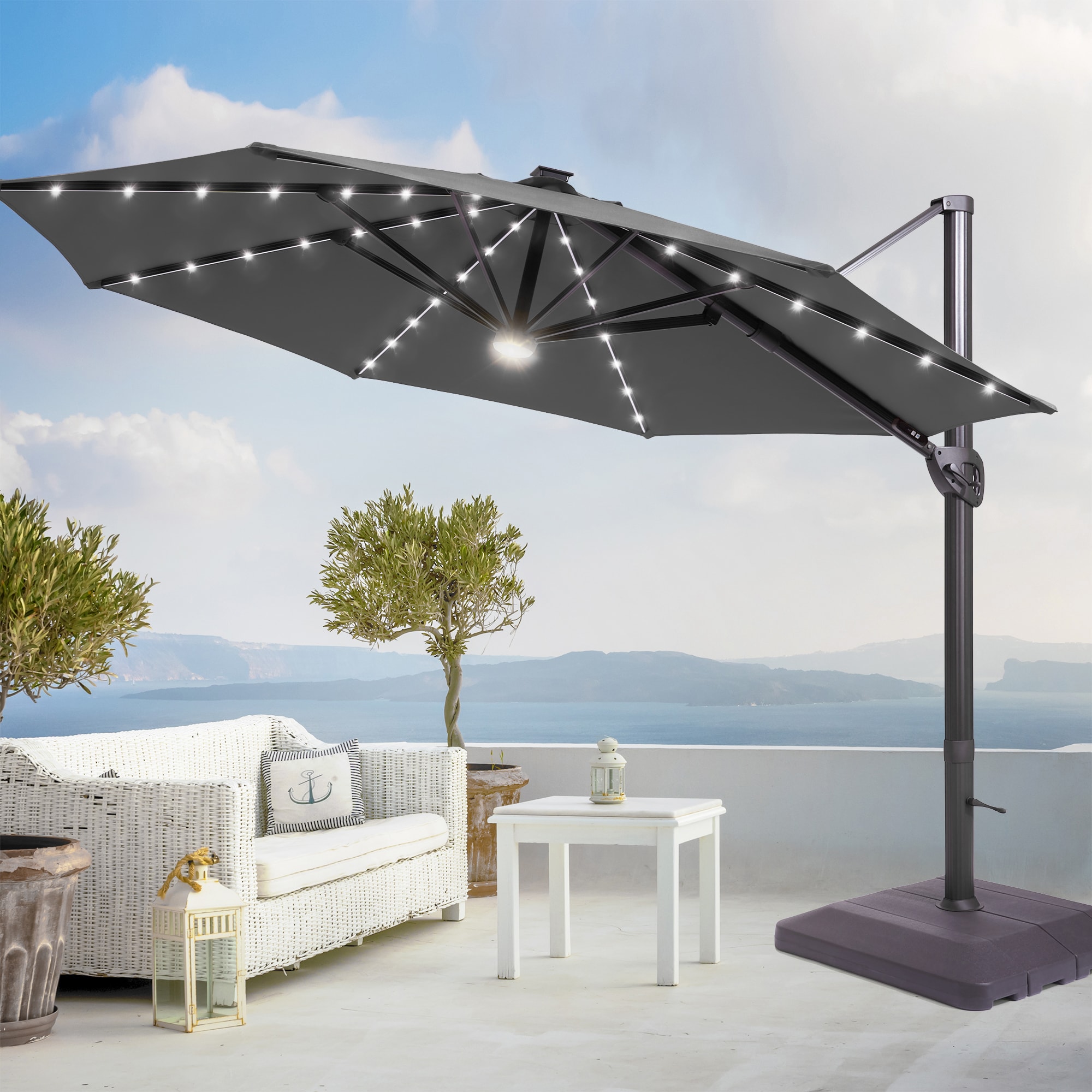 ACEGOSES LW-48WH-H 11-ft Aluminum Gray No-tilt Cantilever Patio Umbrella with Lights with Base