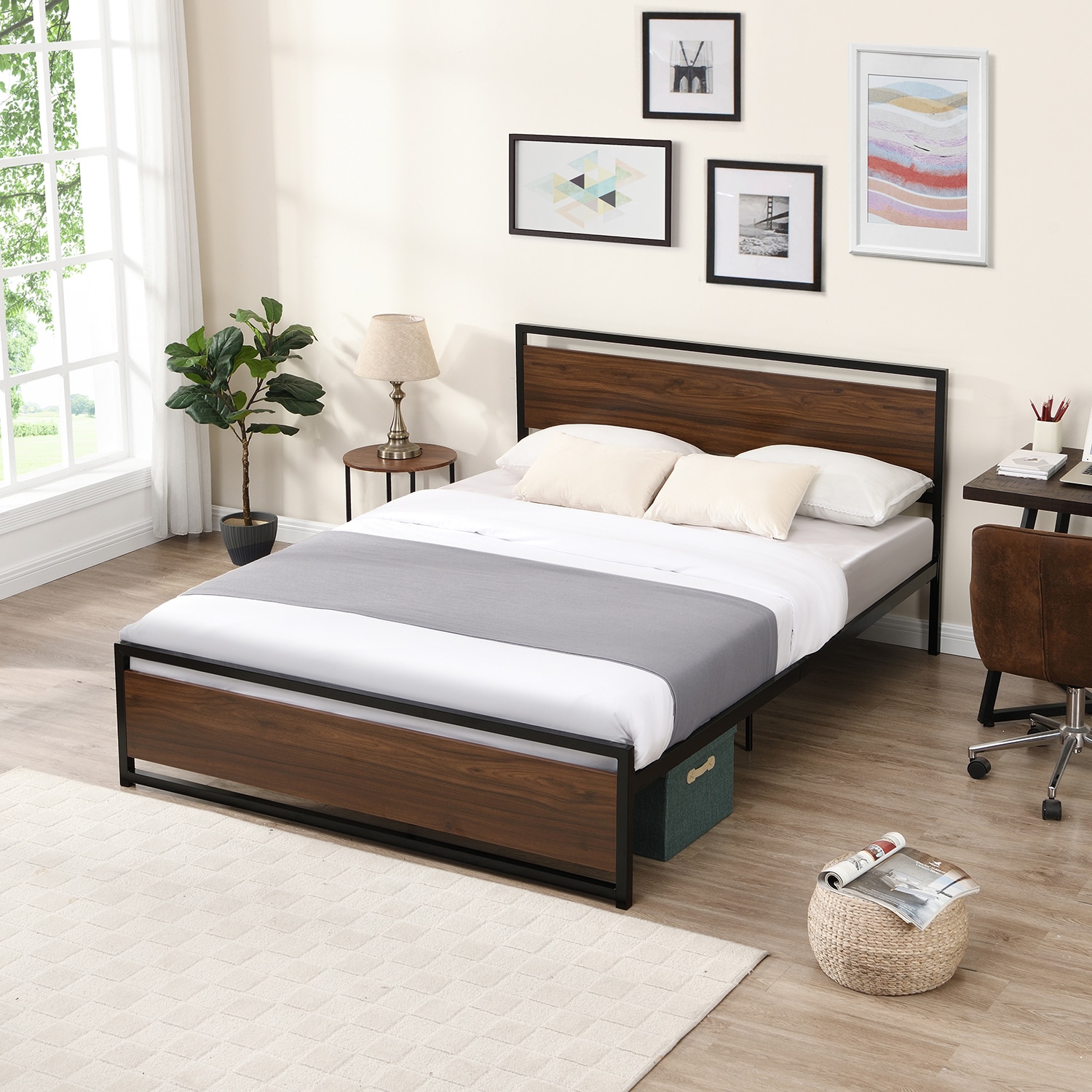 GZMR Industrial Platform Full Bed Frame Brown Full Metal Bed Frame with ...