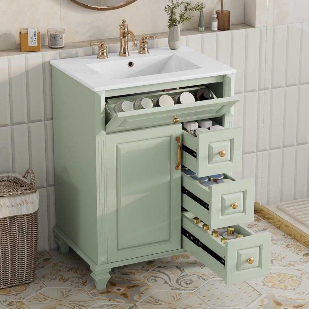 LuckByte 24 in. W Green Solid Wood Bathroom Freestanding Vanity with Sink Ceramic Top Adjustable Shelf 3 Drawers 1 Flip Drawer