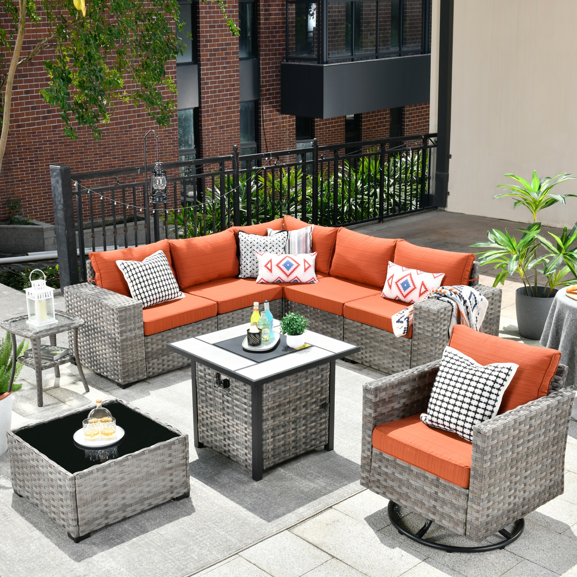 Pouuin 5-Piece Rattan Patio Conversation Set with Orange Cushions in ...