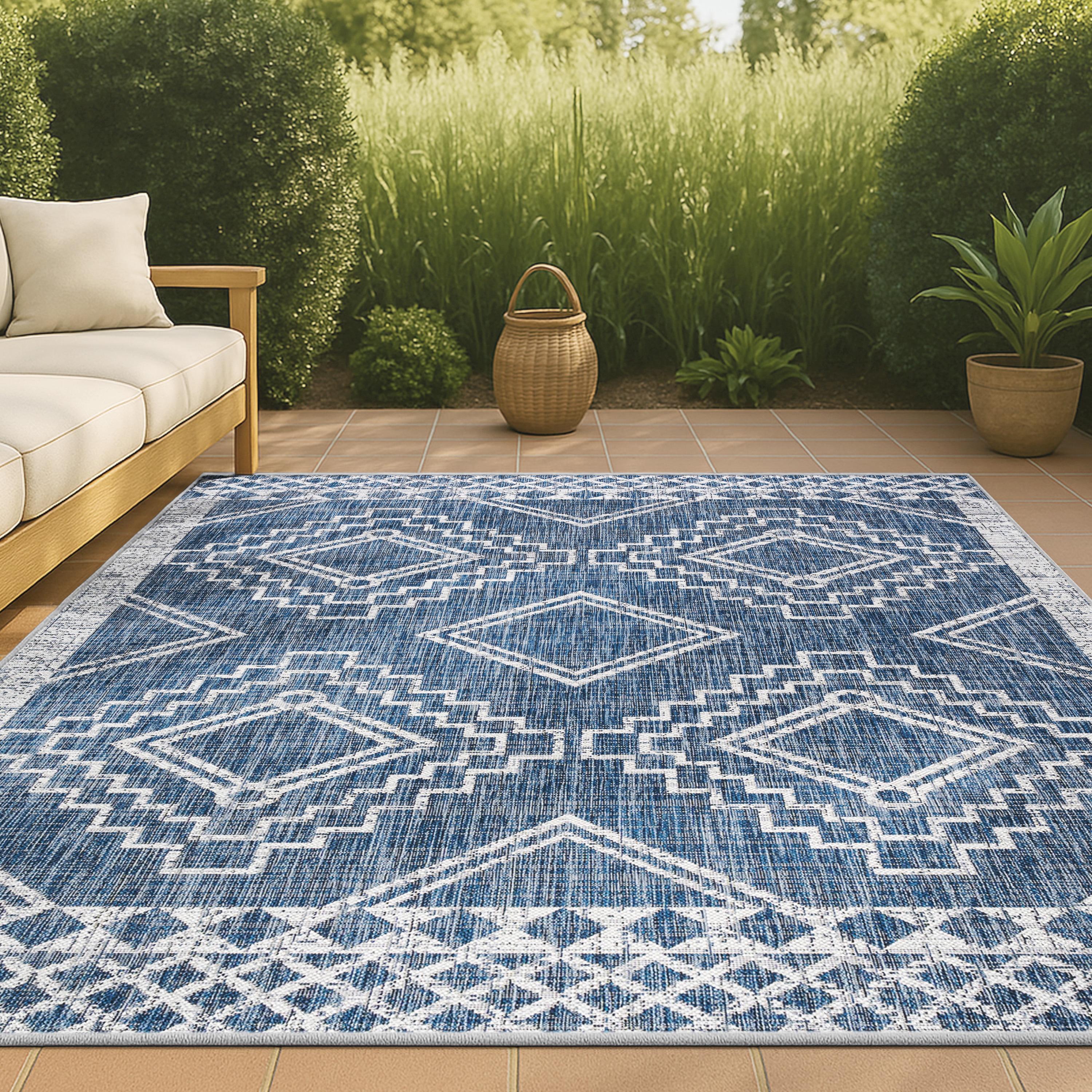 JONATHAN  Y SMB127D-3 Santa Monica Marokko Diamond Tribal 3 x 5 (ft) Loomed Polypropylene Blue/Ivory Rectangular Indoor/Outdoor Geometric Bohemian/Eclectic Area rug
