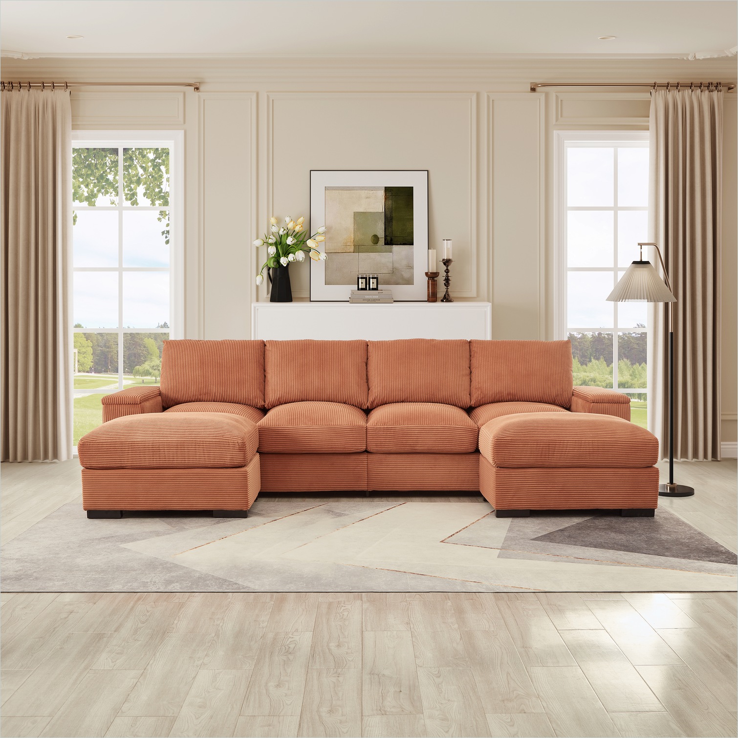 Watnature Corduroy Sectional Sofa with Ottomans Orange-Toned 122-Inch U ...