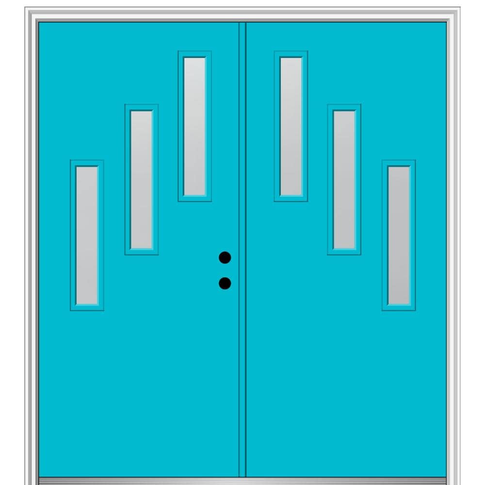 MMI DOOR ZZ350759L Spotlights 60-in x 80-in x 6-9/16-in Fiberglass Pulse lite Left-hand inswing Bahama Blue Painted Prehung Double Front Door with Brickmould Insulating core