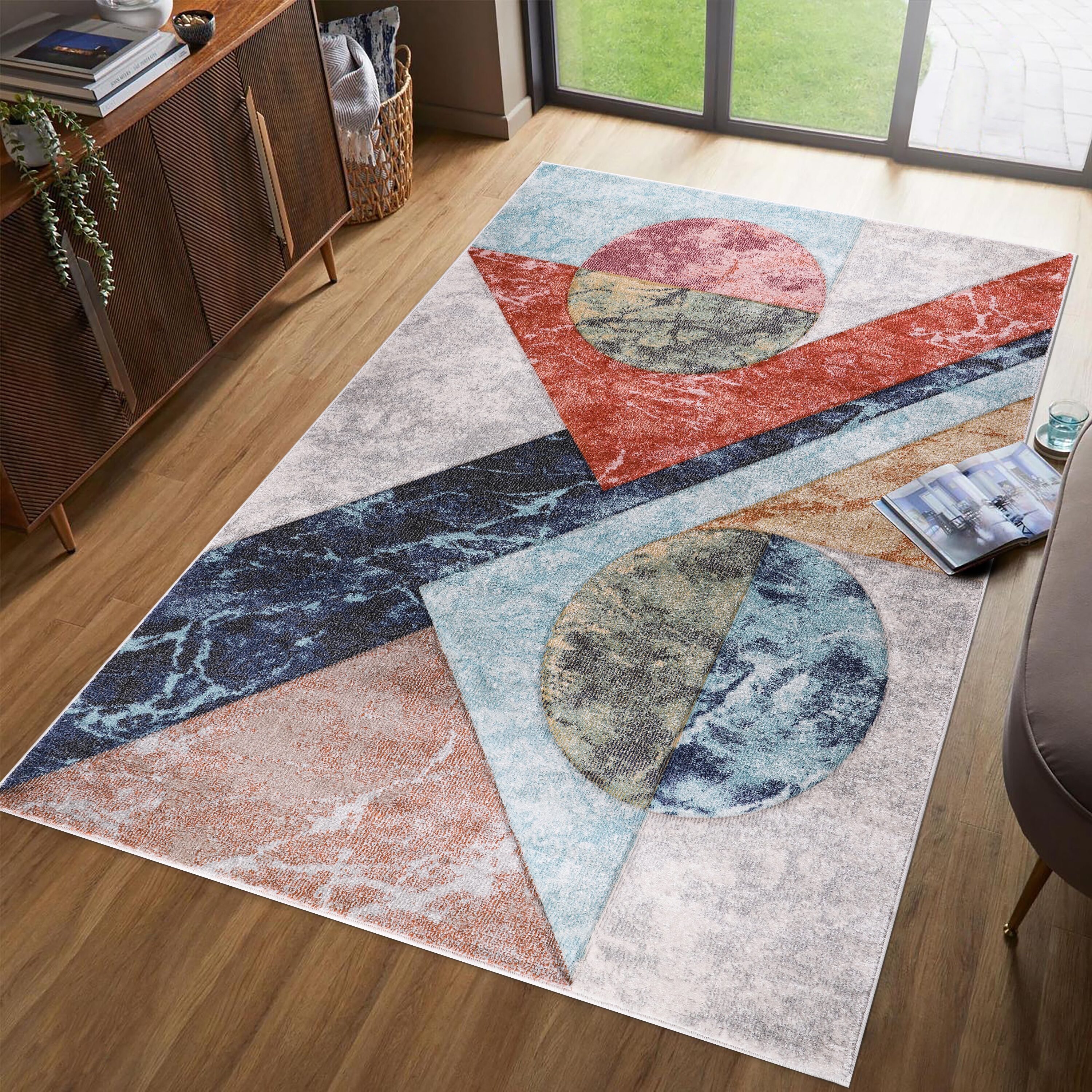 MDA Rugs EP02811 Elpida 8 x 11 (ft) Polypropylene Ivory, Gray, Blue and Rust Rectangular Indoor Geometric Area rug