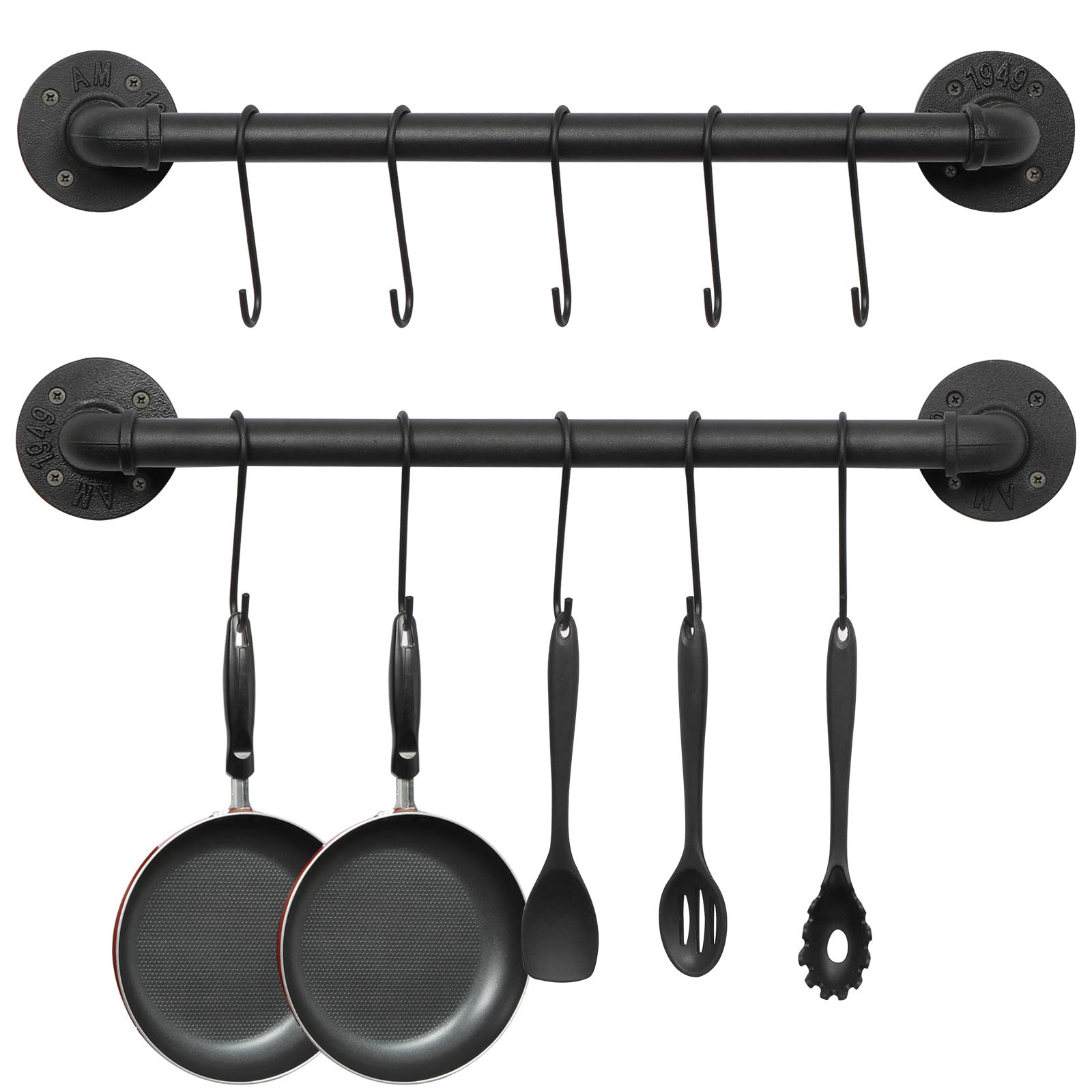 Misopily 2 Pack 21 Inch Wall Mounted Pot and Pan Rack Black Iron Pipe Kitchen Hanging Rail with 10 S Hooks for Utensils and Mugs Heavy Duty #LMS0228P36
