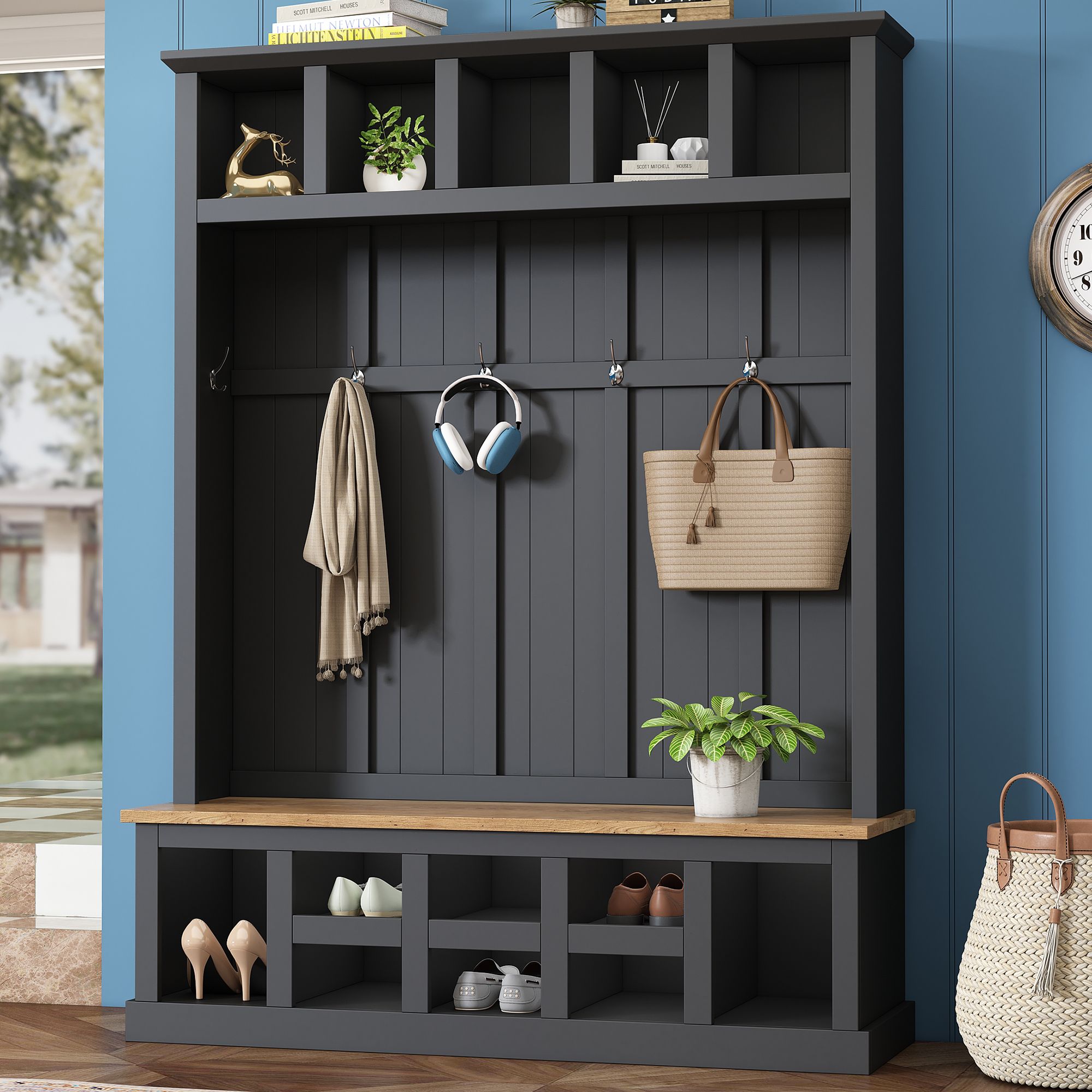 Yiekholo Casual 59-in Black Wood Hall Tree