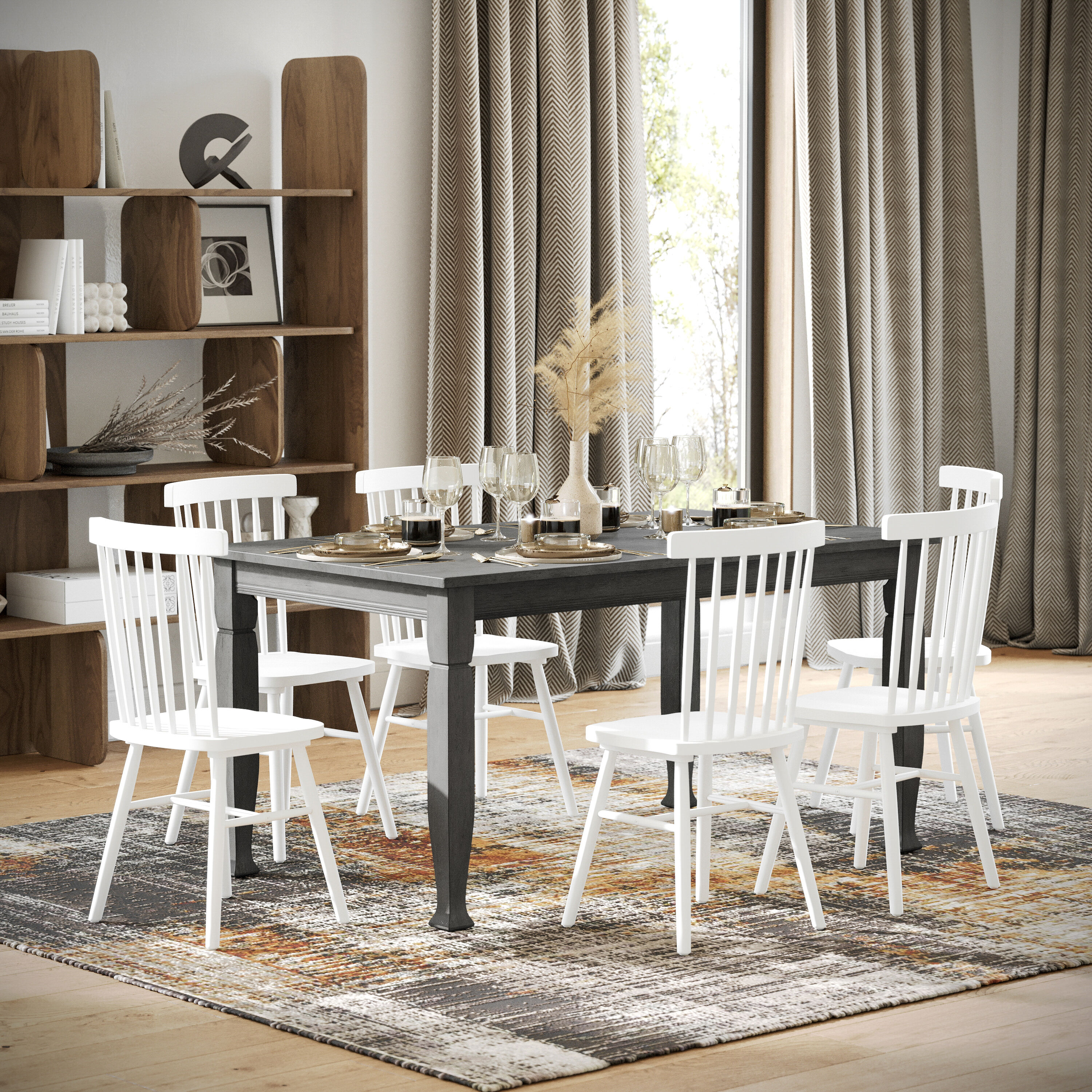 Merrick Lane 196861114649 Finnley 60-in Wooden Dining Table with Sculpted Legs and Seating for 6 in Antique Gray
