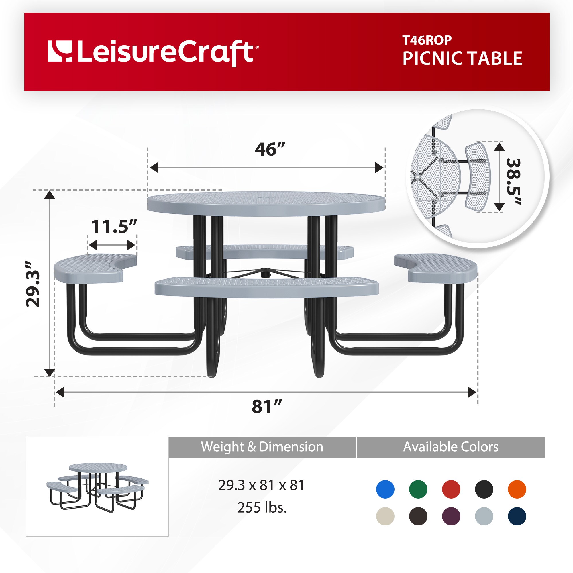LeisureCraft T46ROP-GRAY Picnic-Tables - View #6