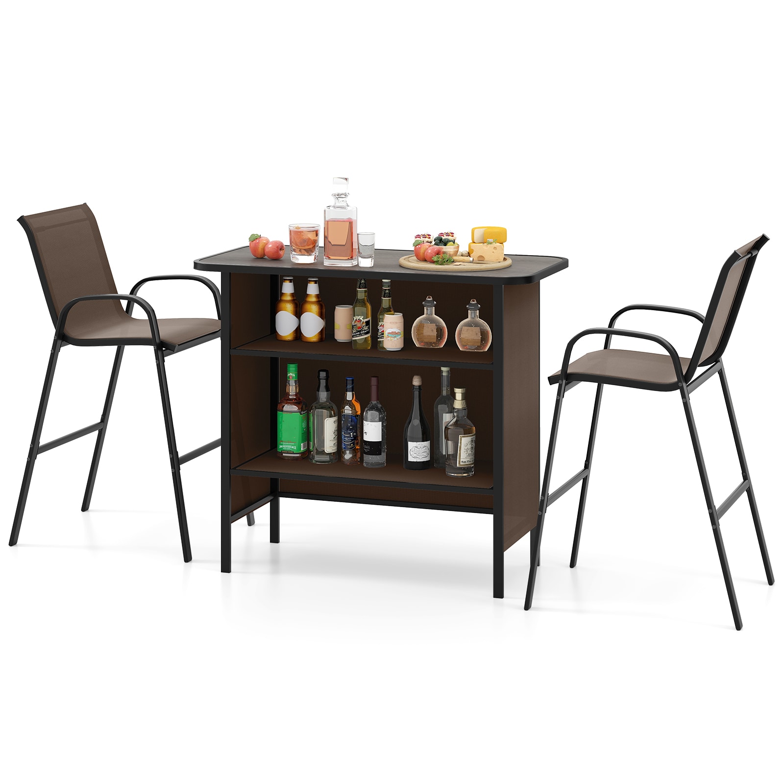 Ayelon 3 -Piece Black Bistro Patio Dining Set Iron Rectangle Table with 2 Brown Stationary Chairs