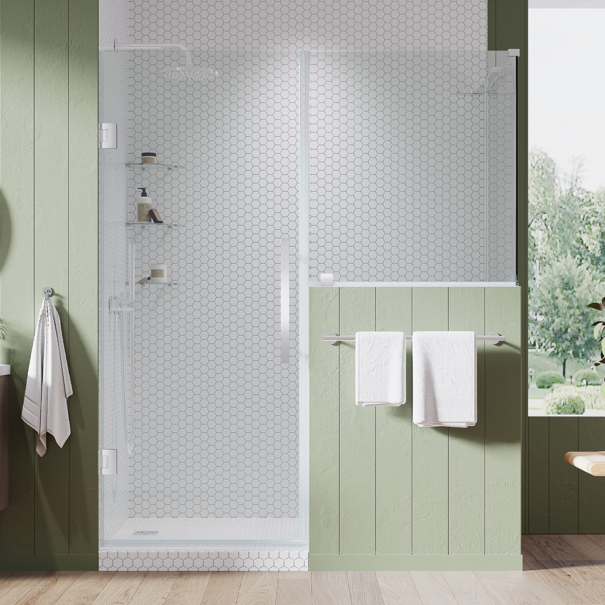 OVE Decors 828796065016 Tampa-Pro Polished chrome 53-7/8-in W x 72-in H Frameless Buttress Pivot Shower door 5/16-in Thick Clear Glass