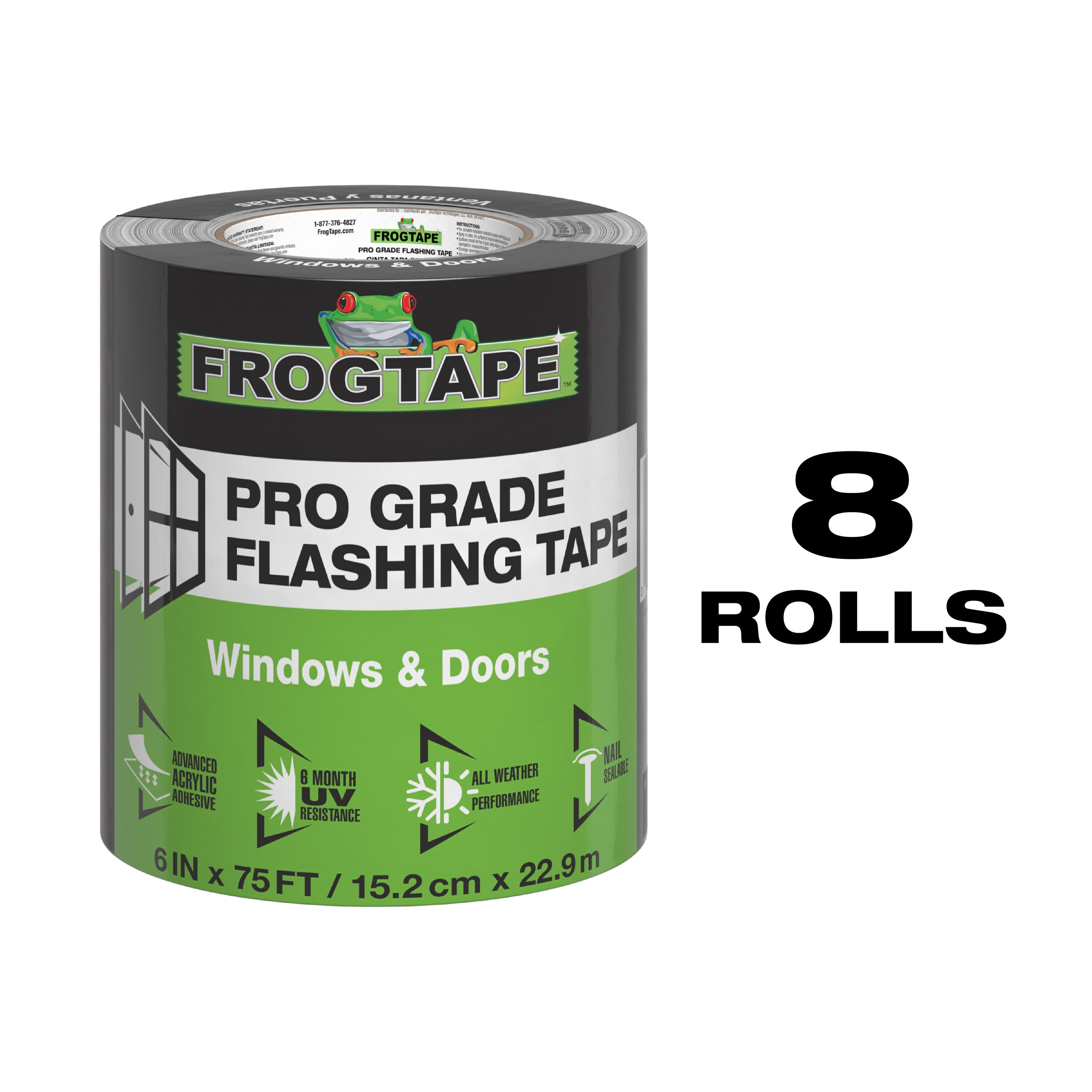 FrogTape Pro Grade Flashing Tape for Windows and Doors 6-in x 75-ft Black Acrylic Flashing Tape 8-Pack