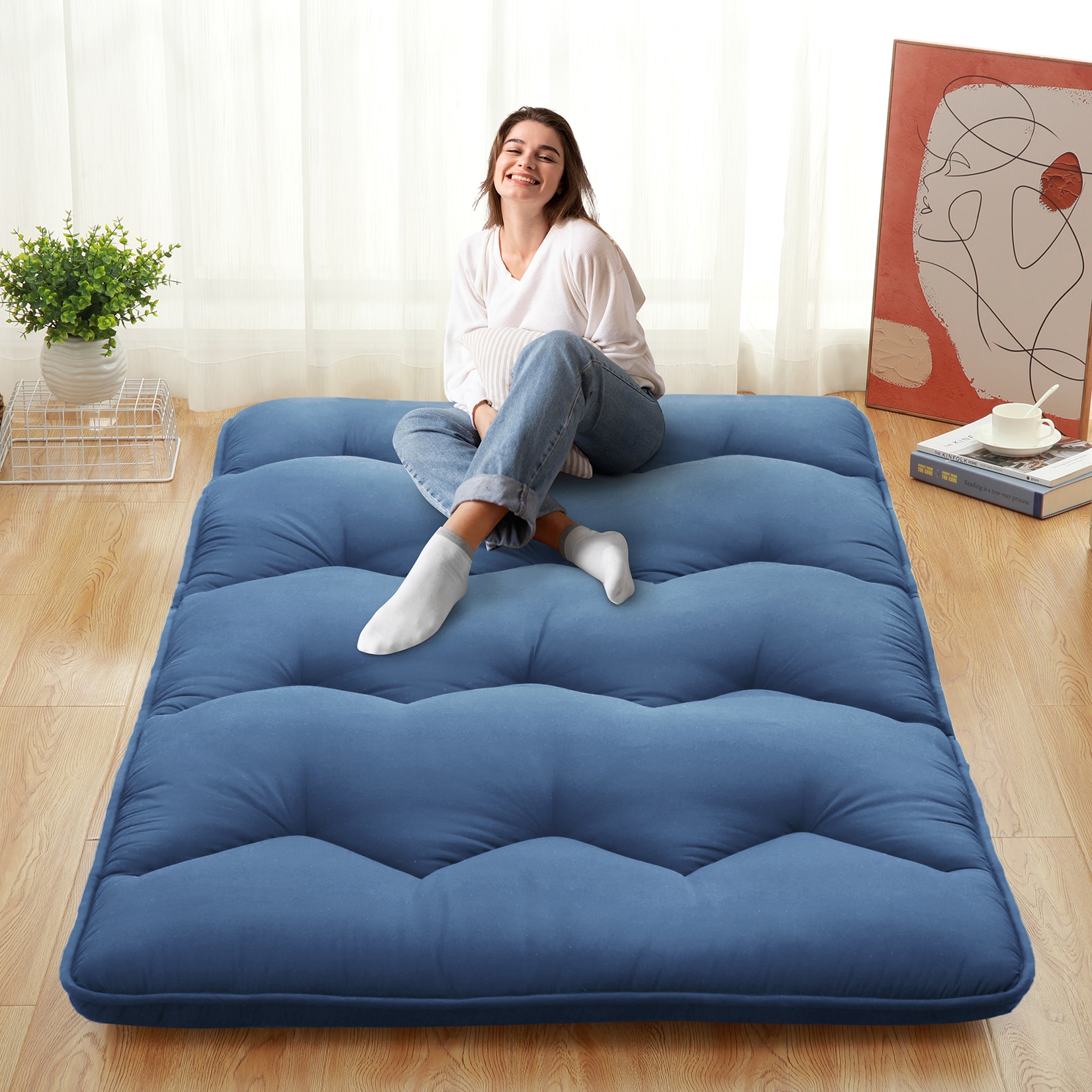 DEXSO 3 Inch High Density Foam Foldable Floor Mattress Portable Sleeping Mat Blue