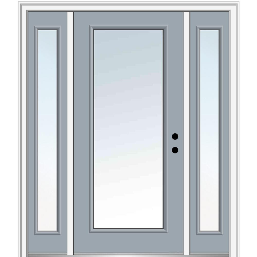 MMI DOOR ZZ13495L 64-in x 80-in x 4-9/16-in Fiberglass Full lite Left-hand inswing Storm Cloud Painted Prehung Front Door with Sidelights with Brickmould Insulating core