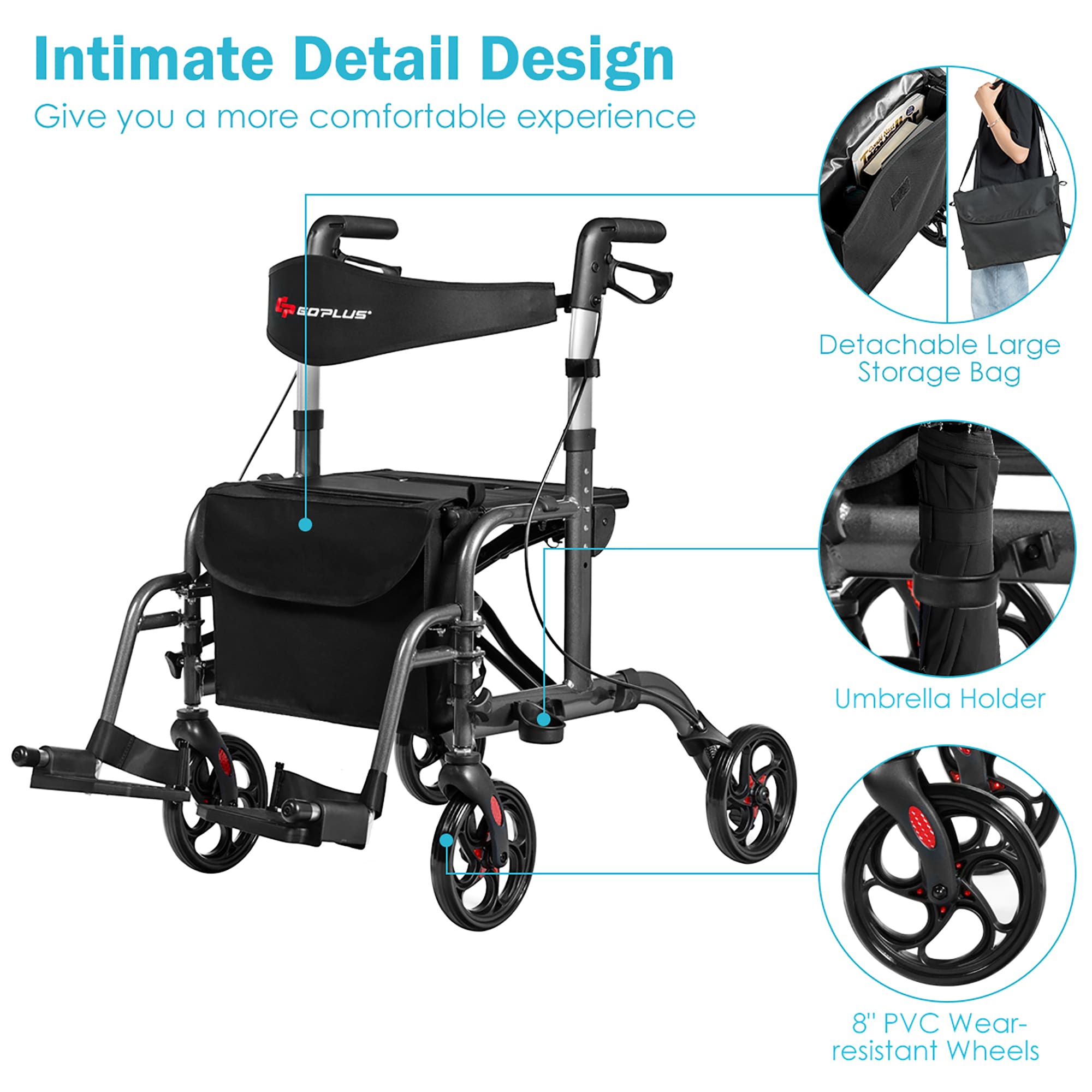 Goplus Folding Medical Walker Aluminum Transport Chair Adjustable ...