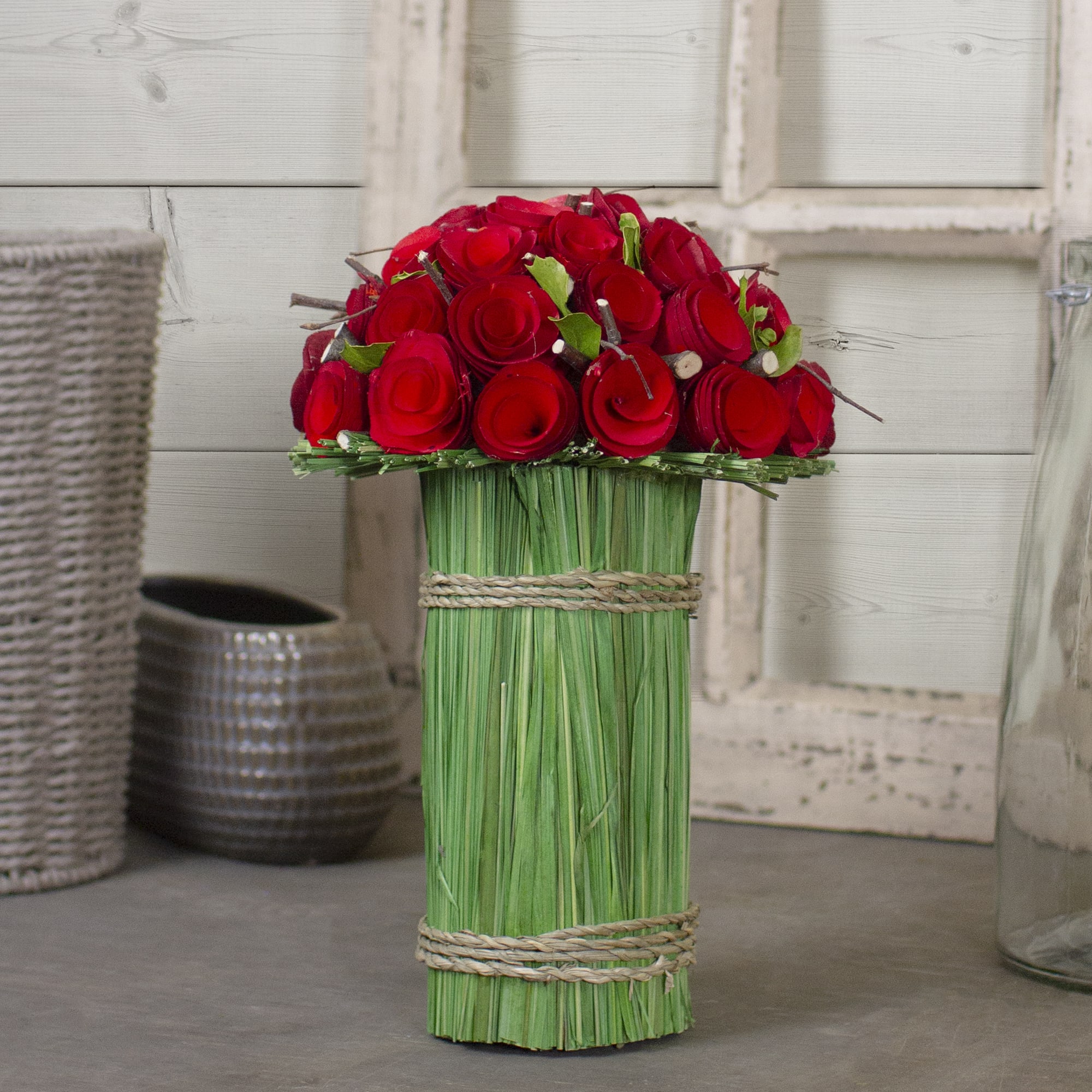 Northlight Wood Roses and Preserved Grass Artificial Bouquet ...