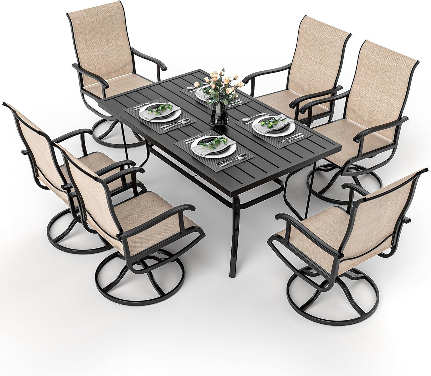  B0DBYSRH1V 7 Pieces Patio Dining Set Patio Table and Chair Set for Garden Backyard Poolside DeckOutdoor Dining Sets with 6 Textilene Swivel ChairsBeige