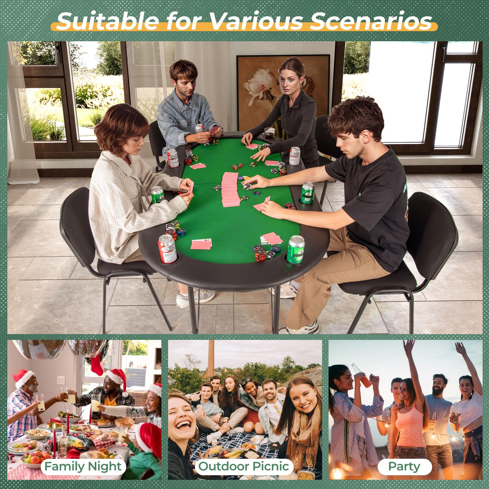 Slickblue 8 Players Texas Holdem Foldable Poker Table for Home