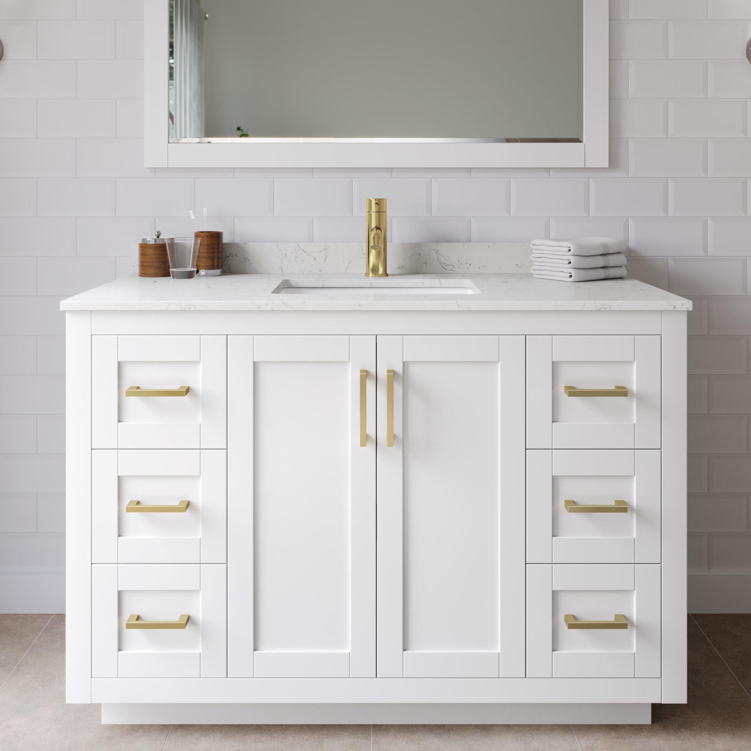 Wyndham Collection WCF292948SWGC2UNSMXX Miranda 48-in White with Brushed Gold Trim Undermount Single sink Bathroom Vanity with Carrara Cultured Marble Cultured marble Top