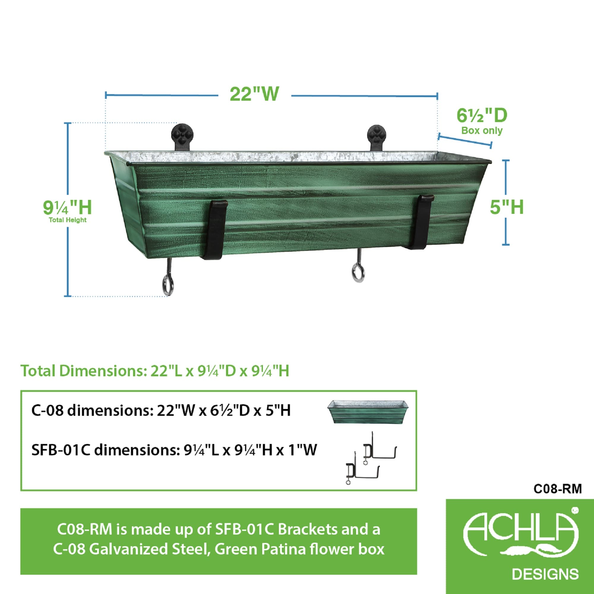 Small Green Patina Galvanized Steel Flower Box with Black Wrought Iron Brackets
