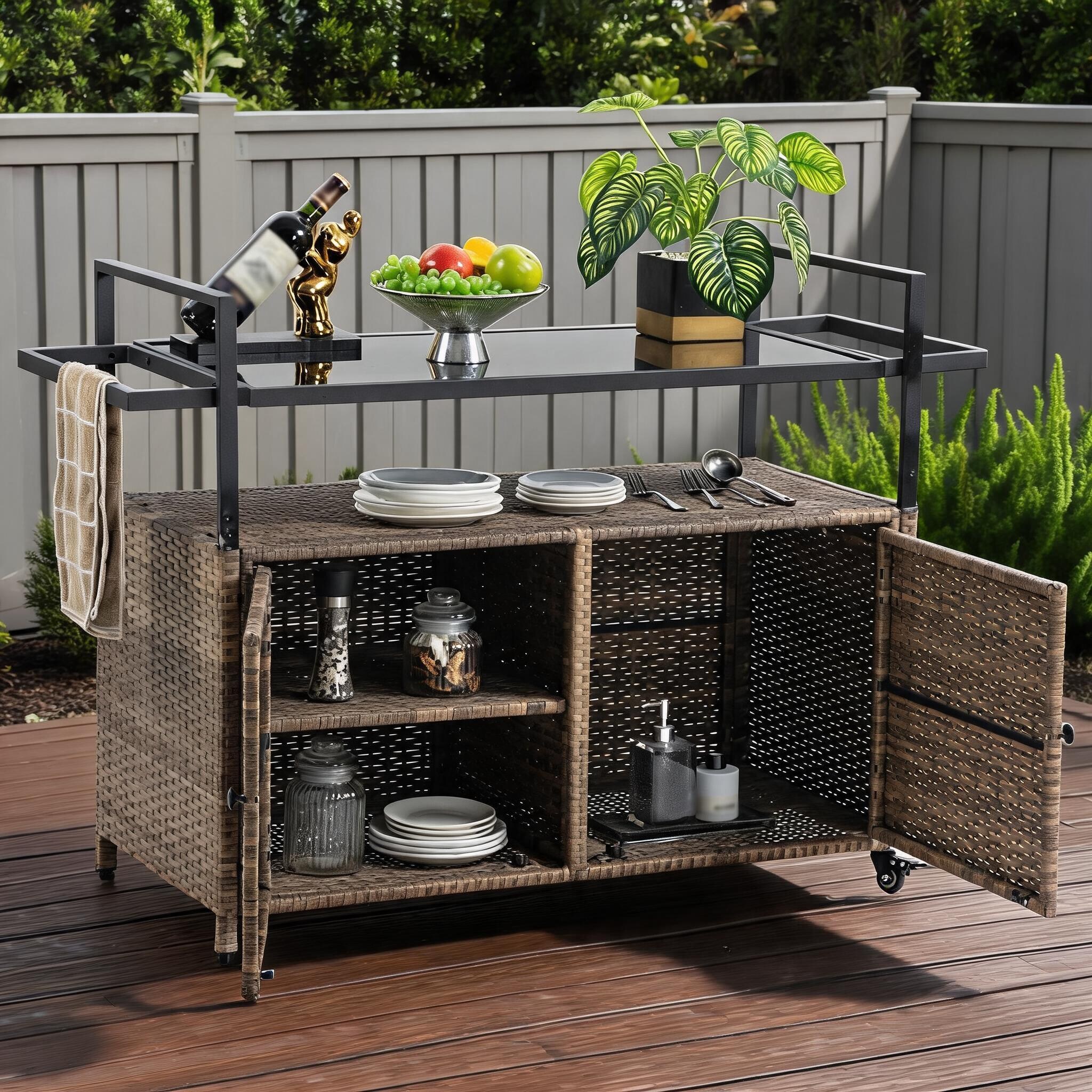 Watnature Coastal Rustic Outdoor Rolling Wicker Bar Cart with Tempered ...