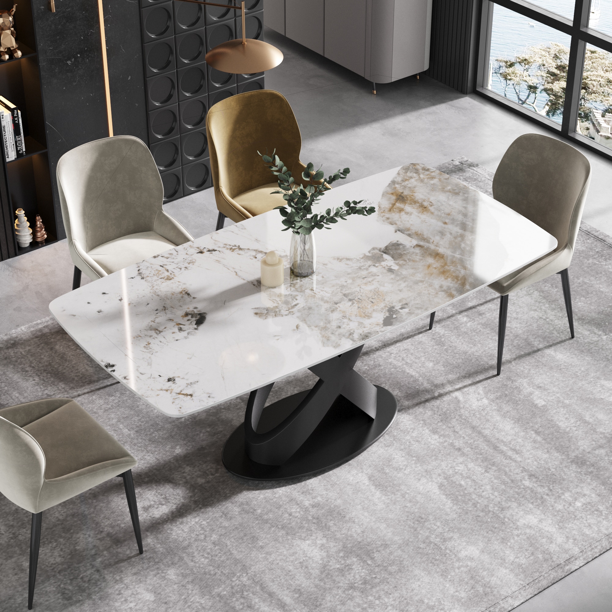 BuotiqHom DH-AT-18AP-MH3B 71 in. Pandora Contemporary/Modern Dining Table, Ceramic with Primed Metal Pedestal Base 71-in L x 29.5-in H