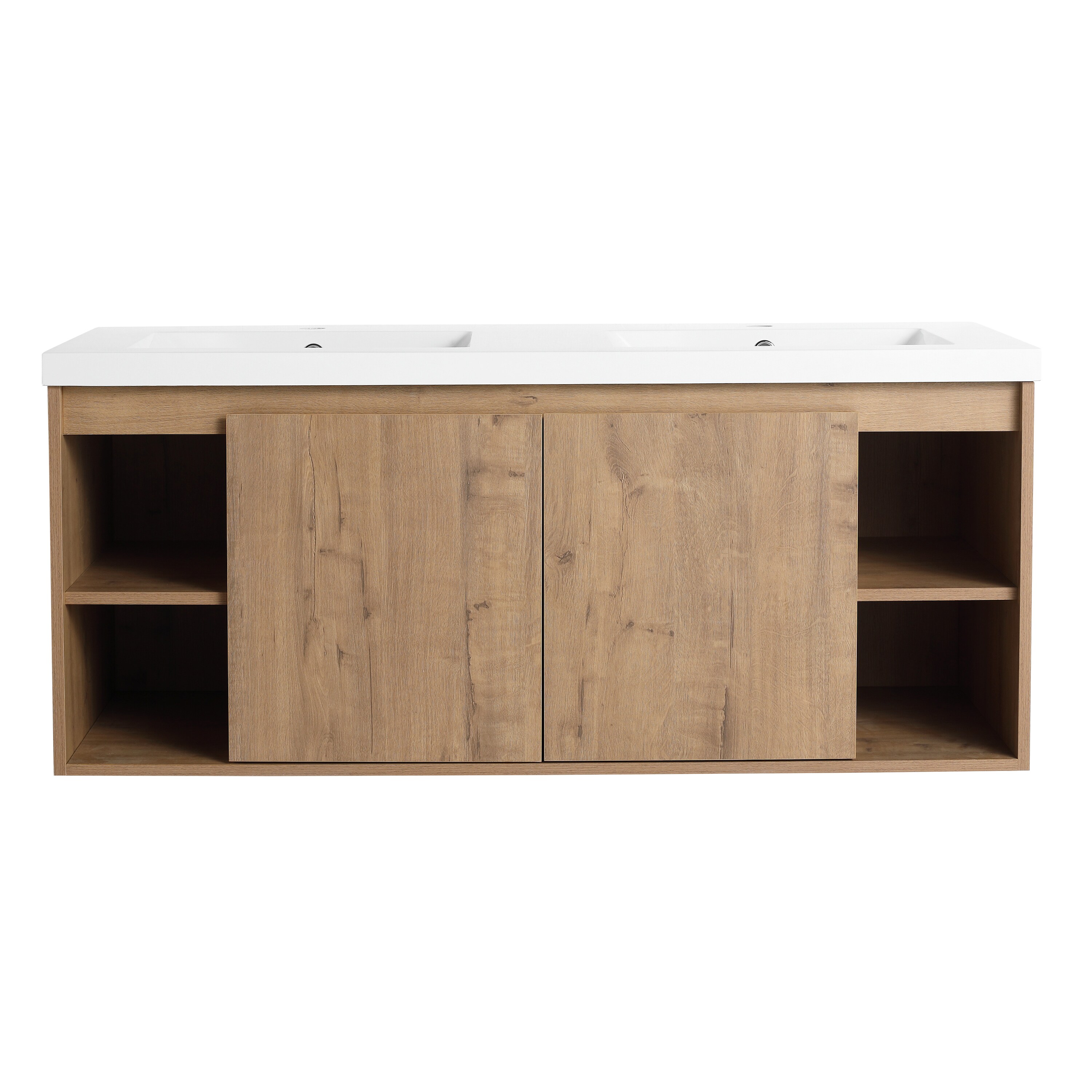 WELLFOR Floating Bathroom Vanities 48-in Oak Double Sink Bathroom Vanity with White Solid Surface Top