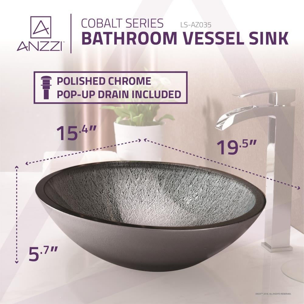 ANZZI Cobalt Blue Glass Vessel Oval Modern Bathroom Sink with Drain ...