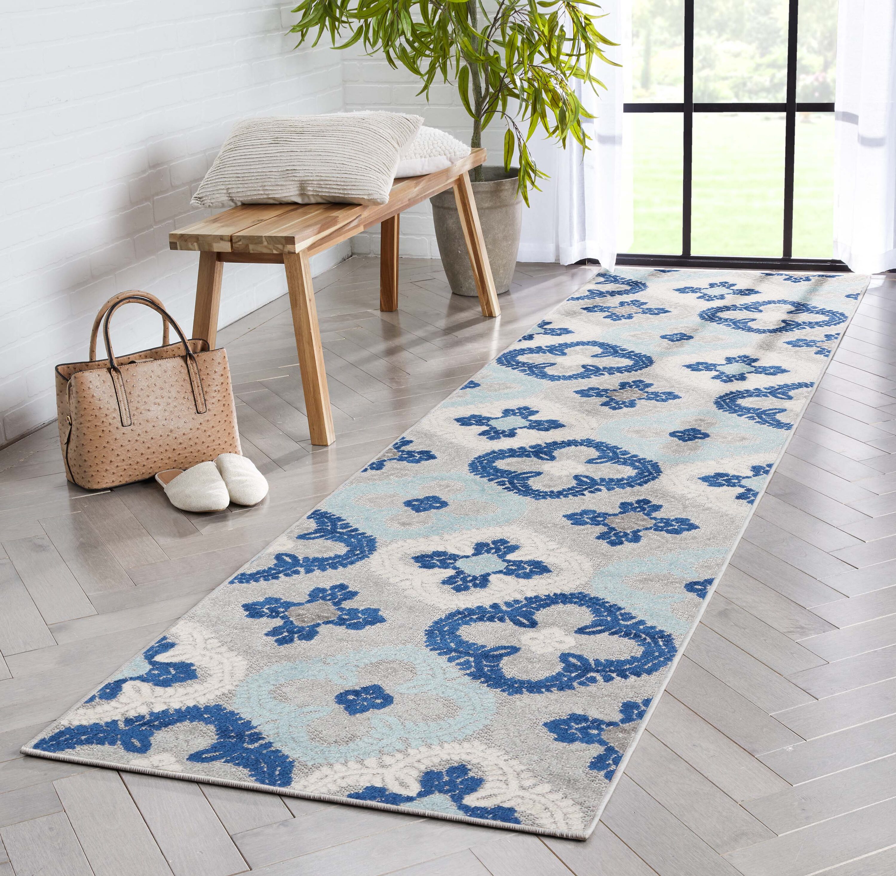Well Woven DO-424-2L 2 x 9 (ft) Loomed Polypropylene Blue Rectangular Indoor/Outdoor Geometric Mid-Century Modern Runner rug