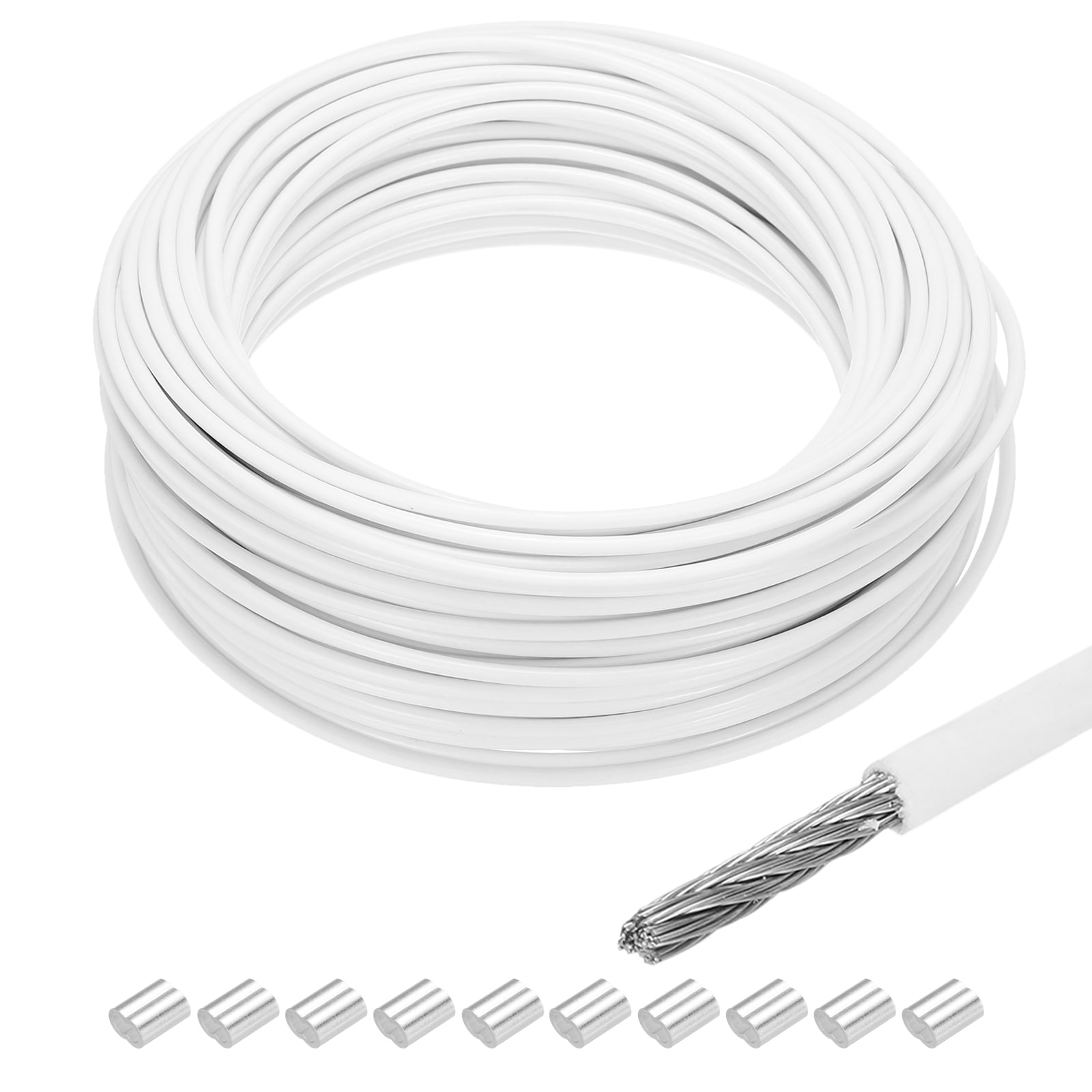 Unique Bargains 1 Set 100Ft(30M) Wire Rope 304 Stainless Steel Cable 1/8Inch(3mm) Vinyl Coated with 10pcs Aluminum Sleeves for Hanging Clotheslines Lifting White #S26051100UX7124