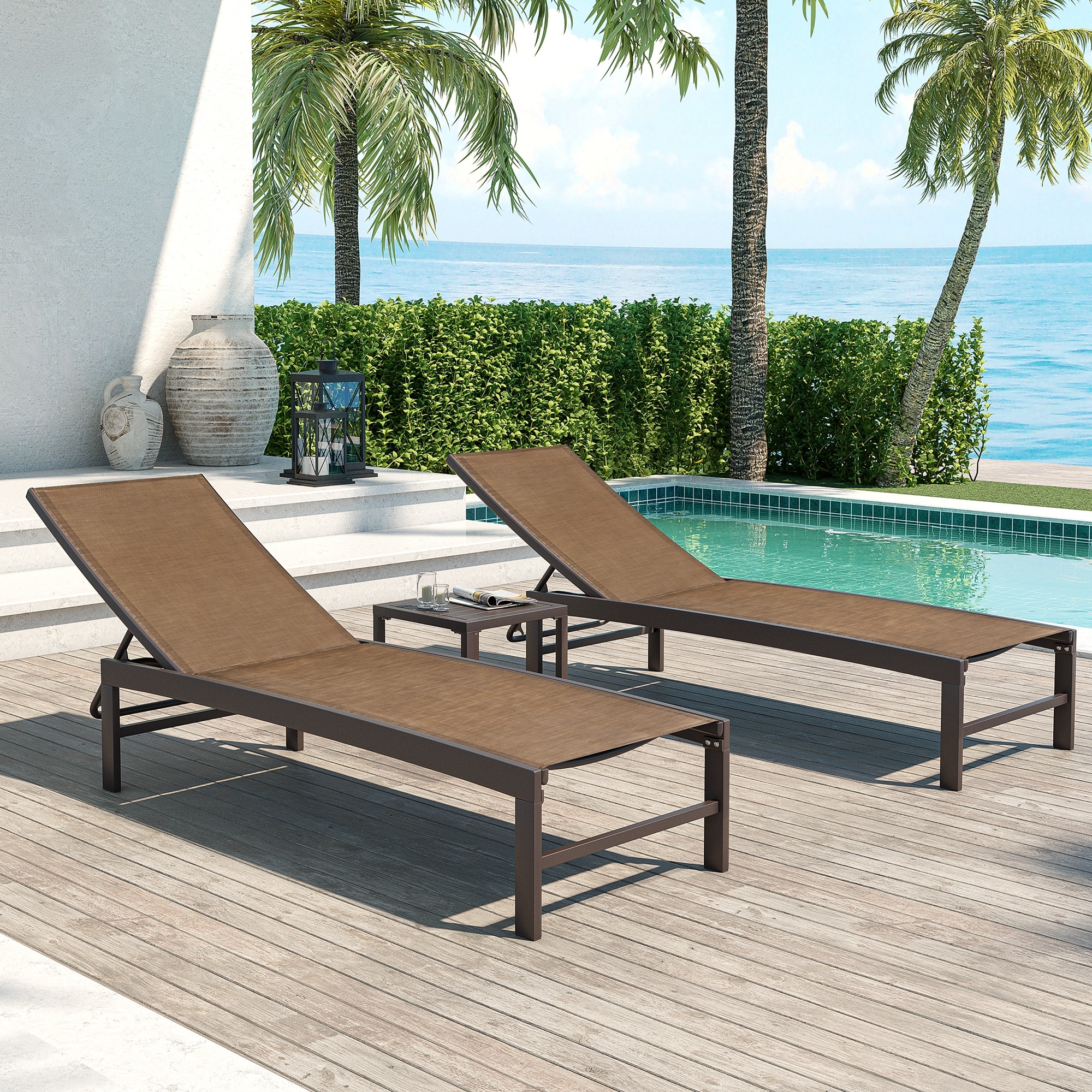 Ergonomic Outdoor Aluminum Lounge Set with Adjustable Chairs & Side Table - Brown