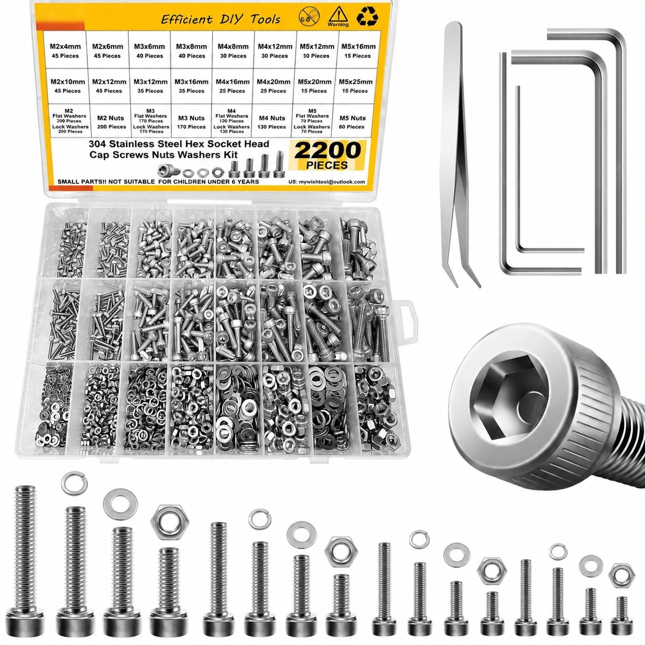 CYIKE  2200 Piece Metric Screw Assortment Kit M2 to M5 Stainless Steel Hex Bolts Nuts and Spring Washers with Storage Box