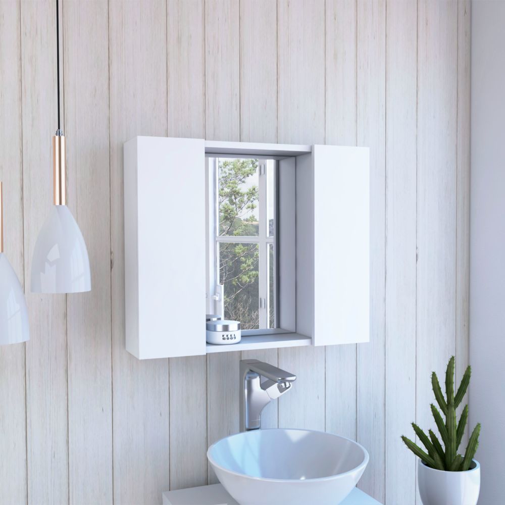 Tahanbath 19inch H White Medicine Cabinet Double Door 1 External Shelf