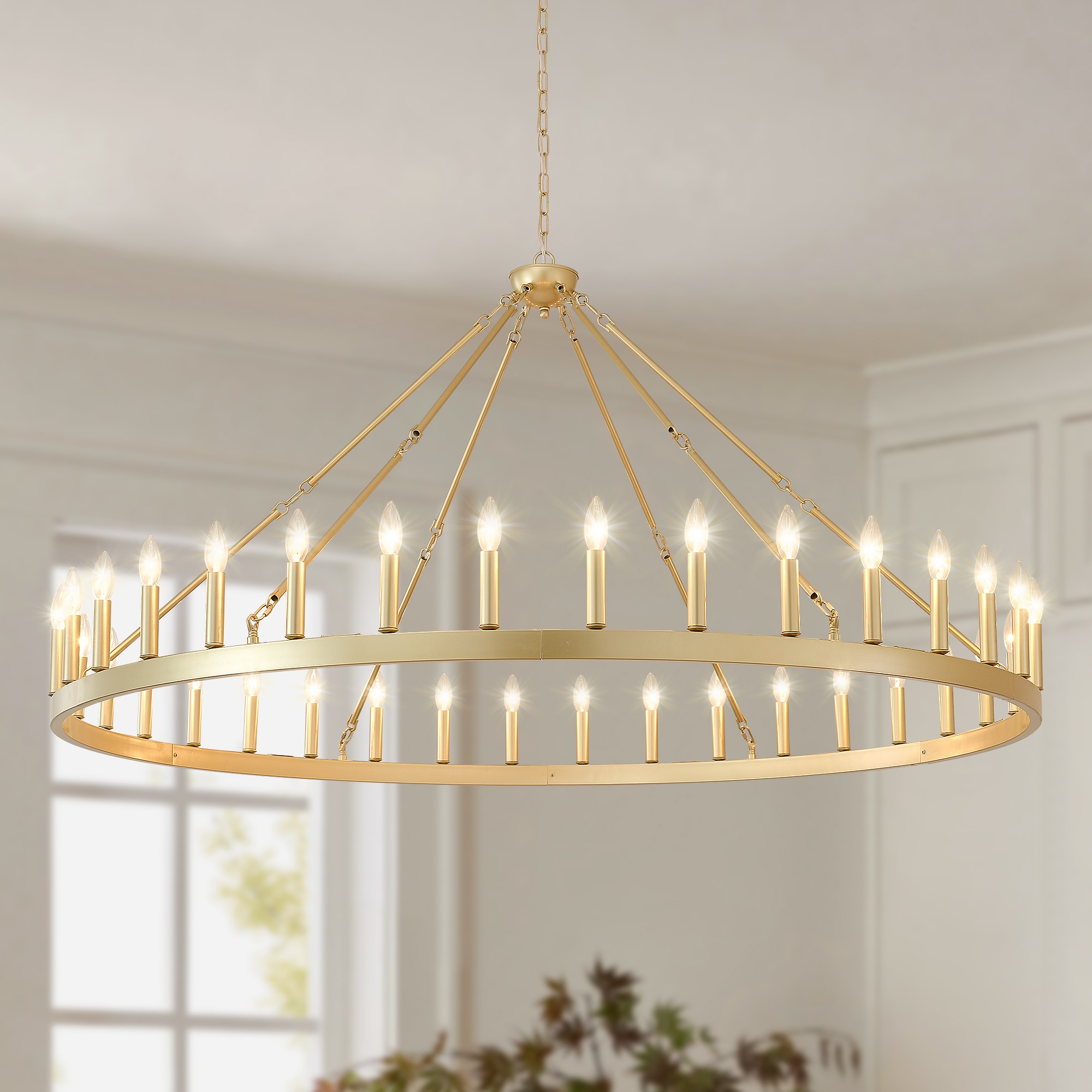 Zitrend 64-in Large Chandelier 36-Light Gold Open Wagon Wheel Farmhouse Fixture for Dining Room Foyer and High Ceilings Ceiling Hanging Light