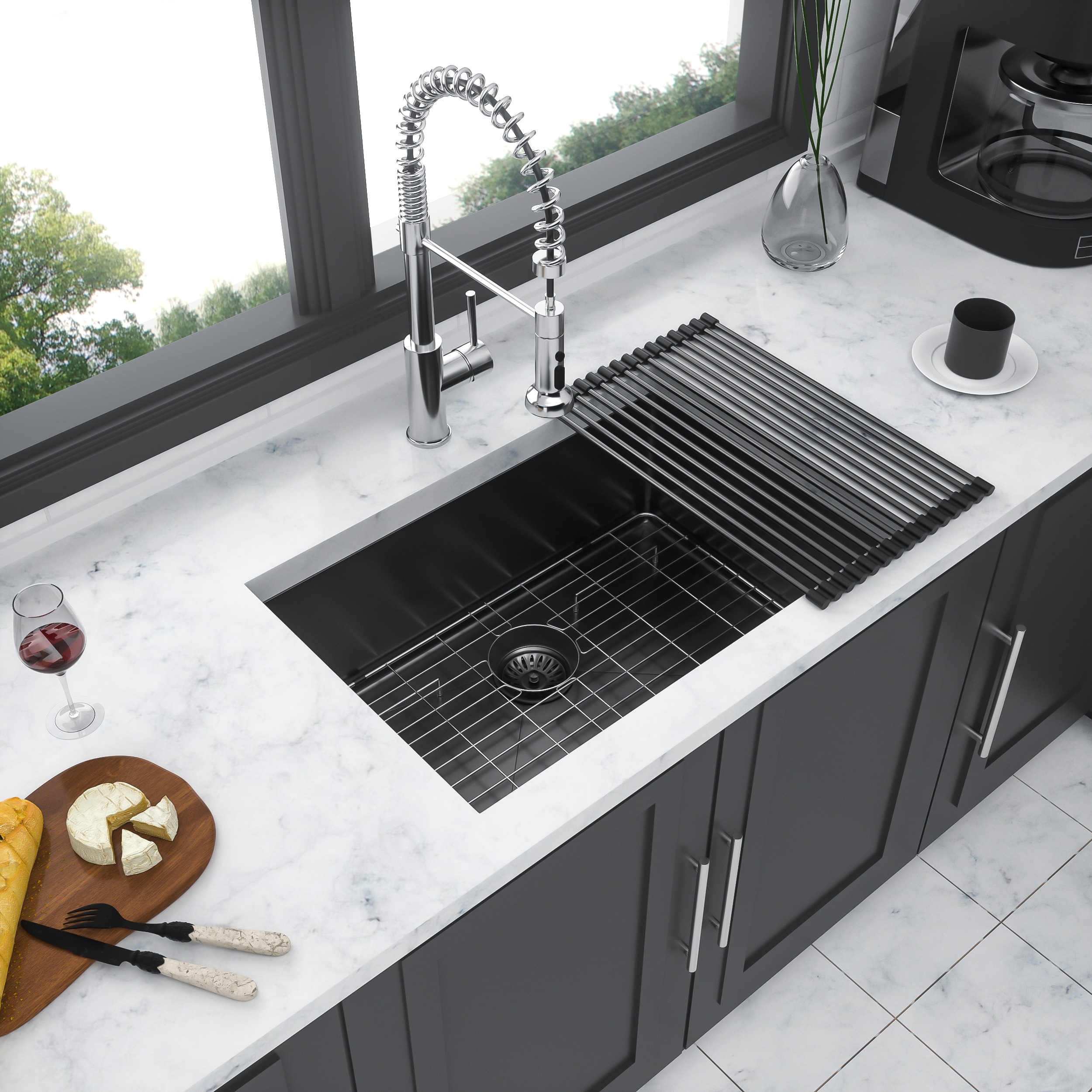 LOVMOR 23-in x 18-in Undermount Stainless Steel Single Bowl Gunmetal Black Kitchen Sink with Faucet and Drain #SF-W-W1243136700