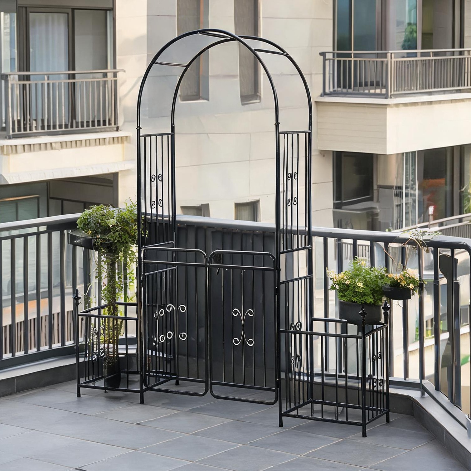BBabe Black Garden Arches with Metal Frame and Storage Jet Black Black Metal 86 in