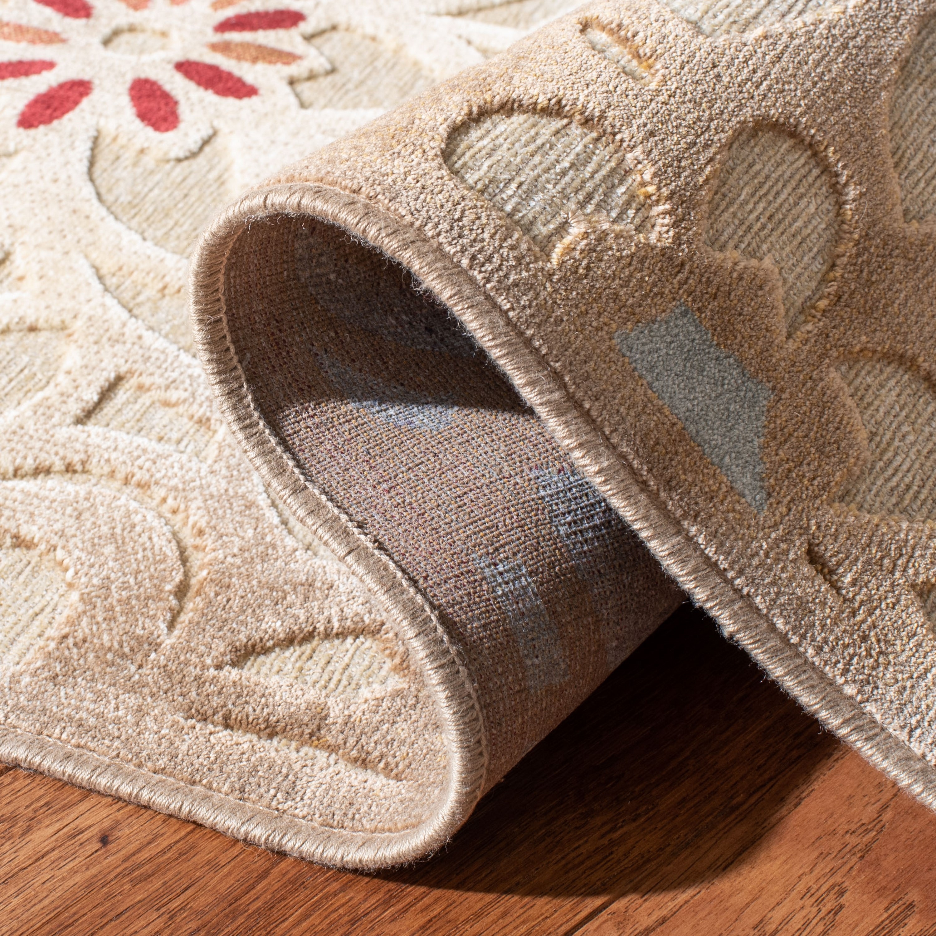 Taupe and Beige Floral Viscose Chenille Area Rug