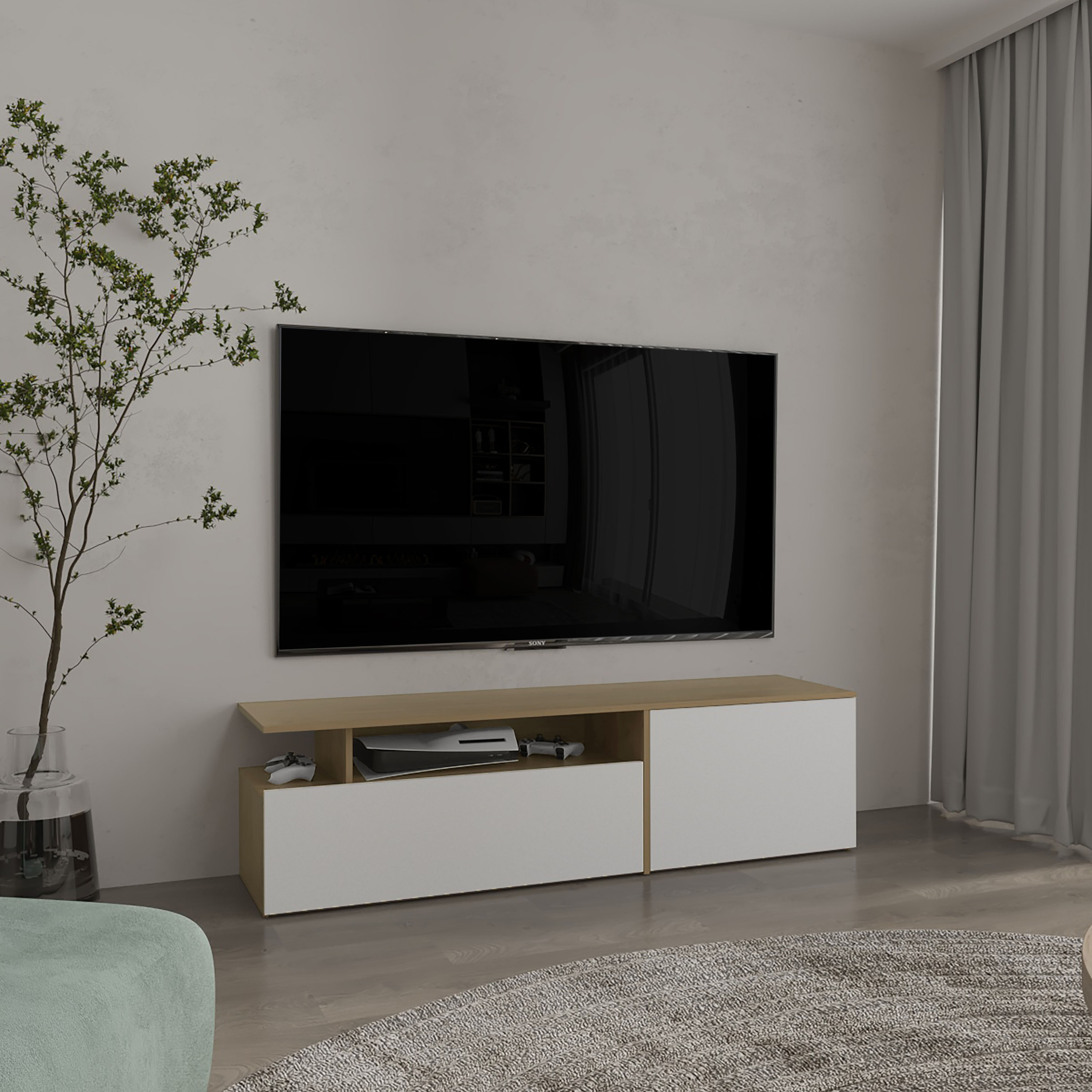 Wooakway Selma Floating 63-in Wide Tv Stand with Two Cabinets Six Shelves Cable Management  Entertainment Center for Living Room  Wall Shelf Cabinet Natural Oak - White