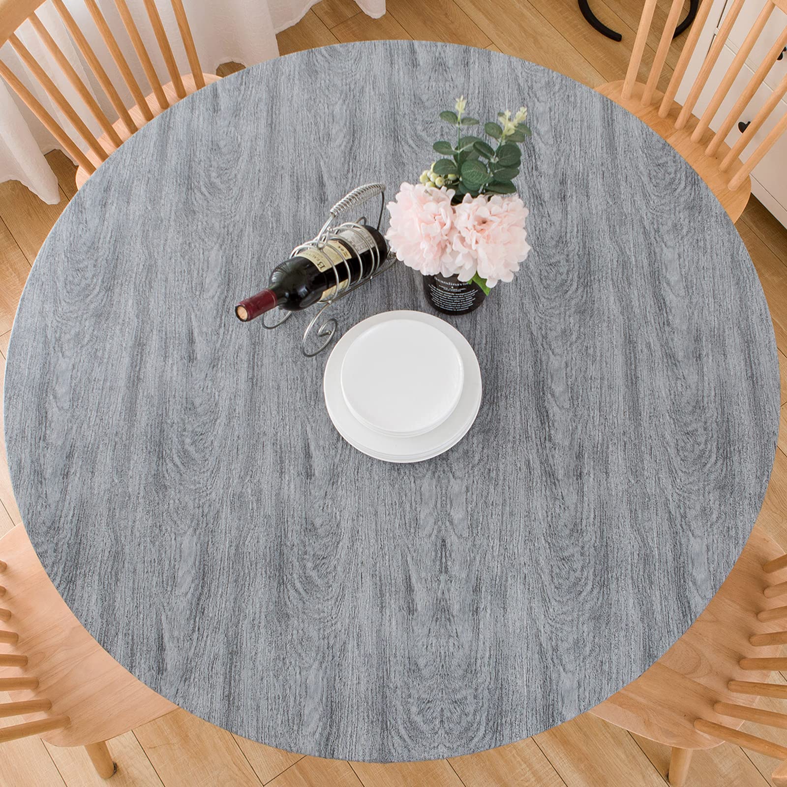 ITOPFOX  Round Vinyl Fitted Tablecloth with Flannel Backing Elastic Edge Fits 45 to 56 in Round Tables Waterproof Stain Resistant Wipeable