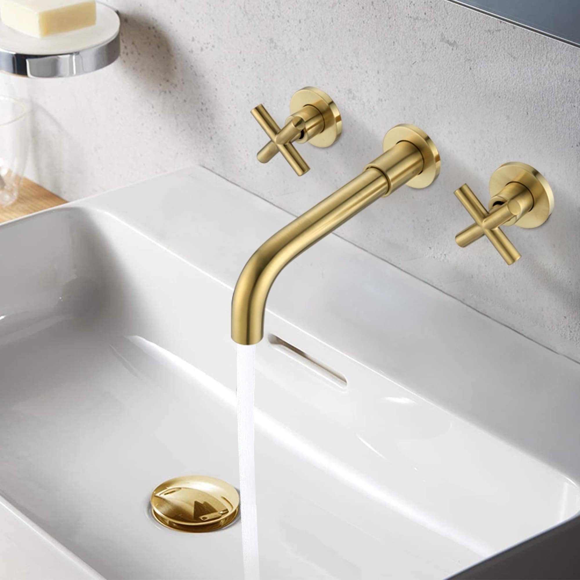 IAK Brushed Gold Solid Brass Wall Mounted Bathroom Sink Faucet with Two Cross Handles