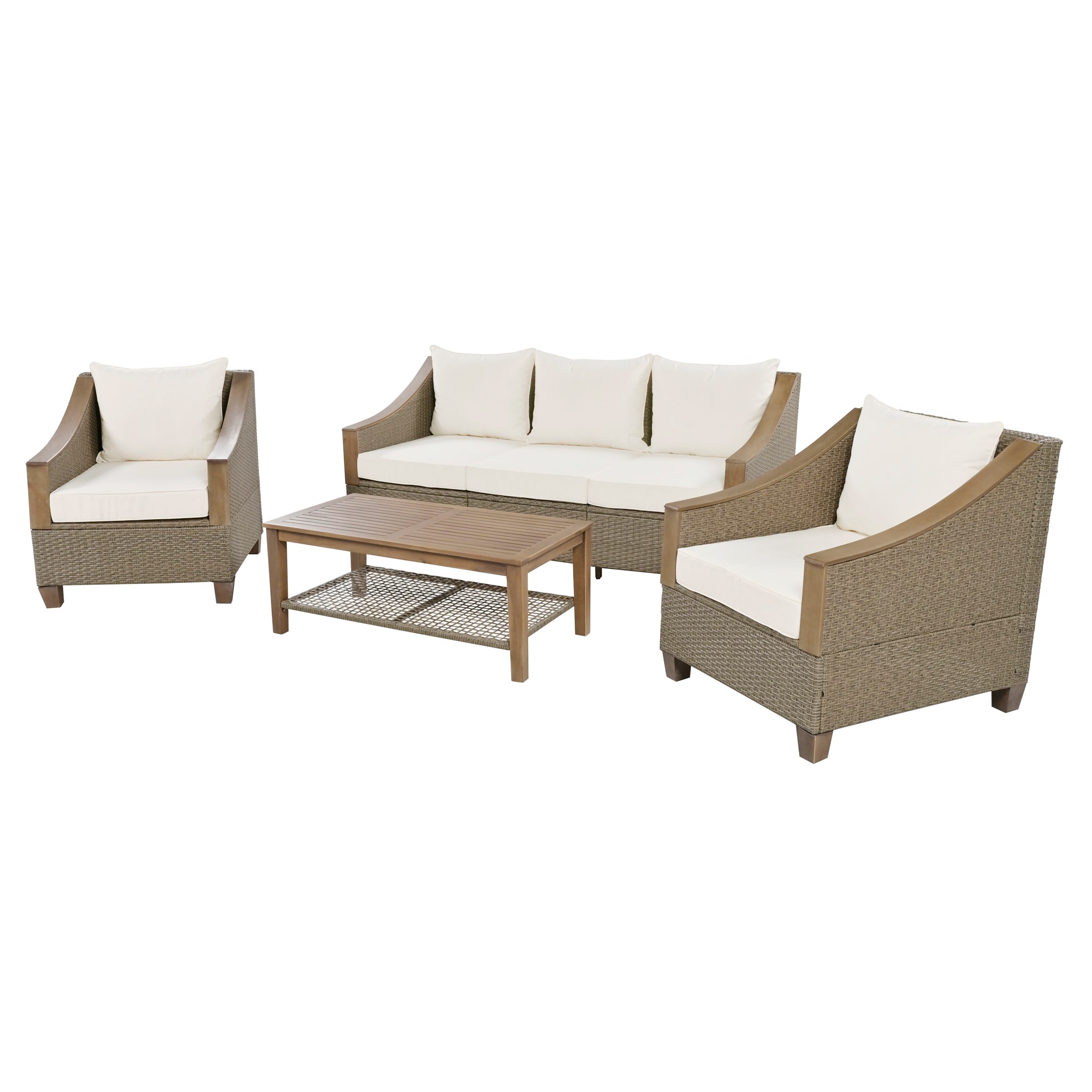 CASAINC CN-WFQ09-BR-RD 4 -Piece Rattan Patio Sofa Conversation Set with Off-white Cushions