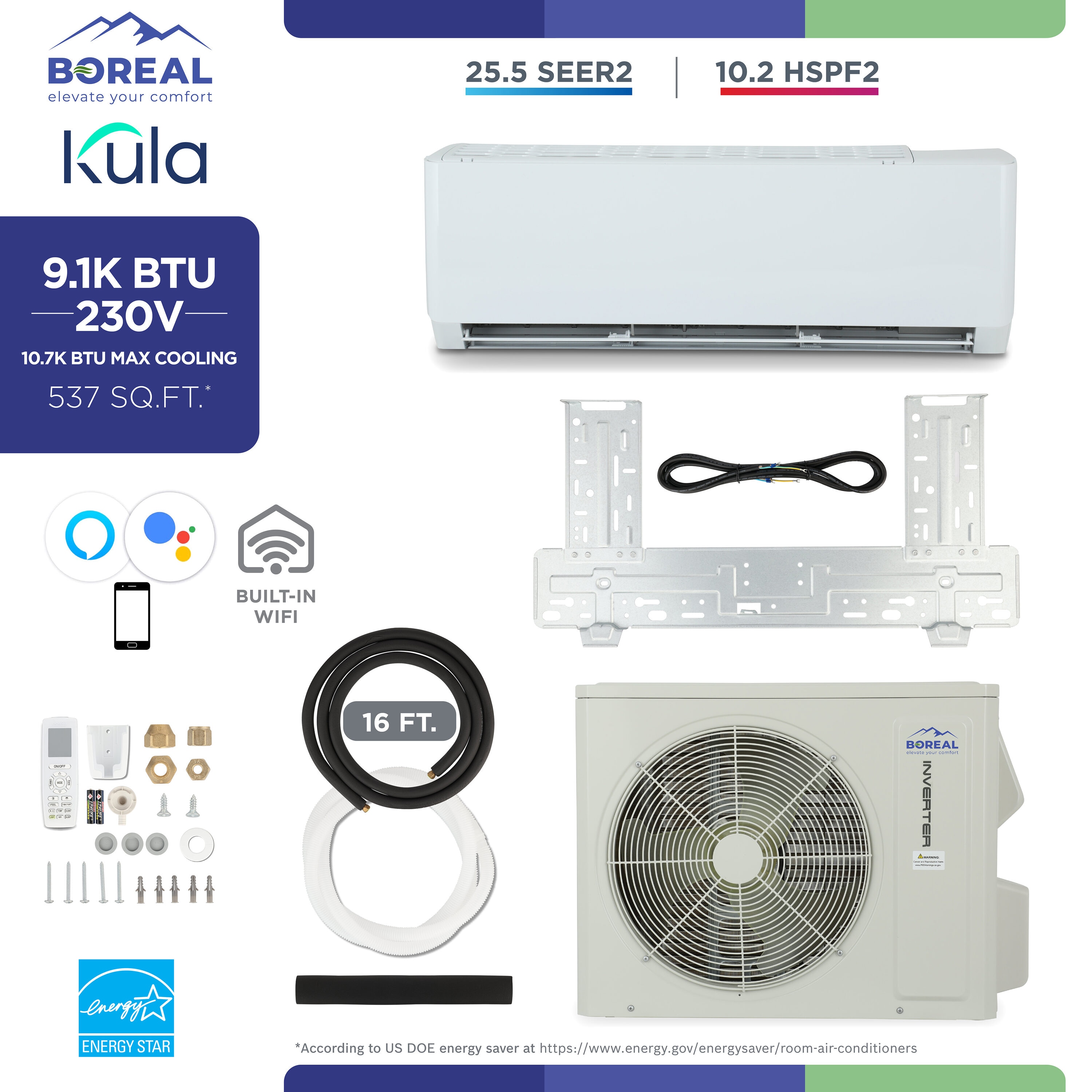 BOREAL KULA09HPJ1IAK Kula Single Zone 10747-BTU 25.5 SEER Ductless Mini Split Air Conditioner Heat Pump Included with 16-ft Line Set 230-Volt