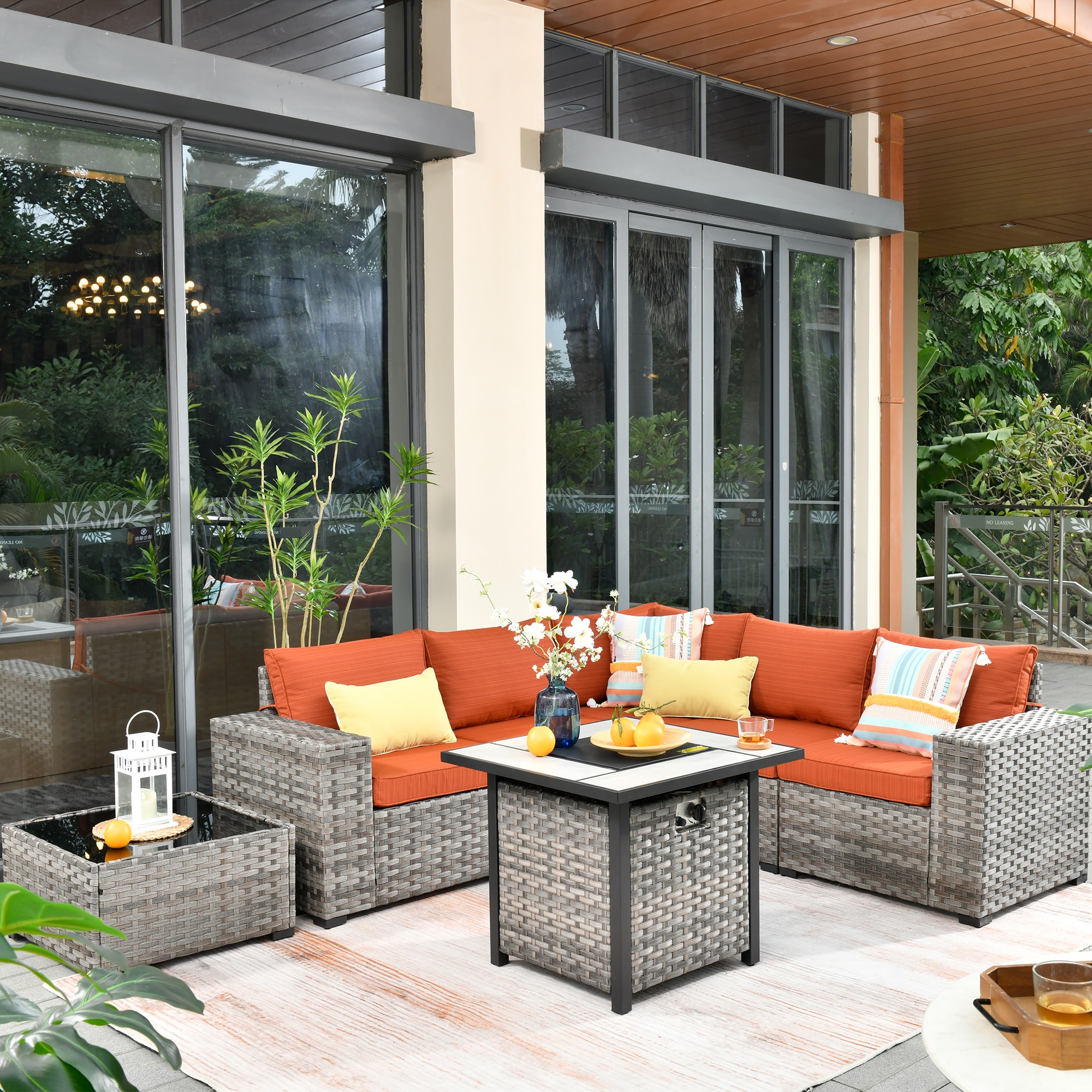 Pouuin SFPBBR807 Rattan Outdoor Sectional with Red Cushion(S) and Wicker Frame