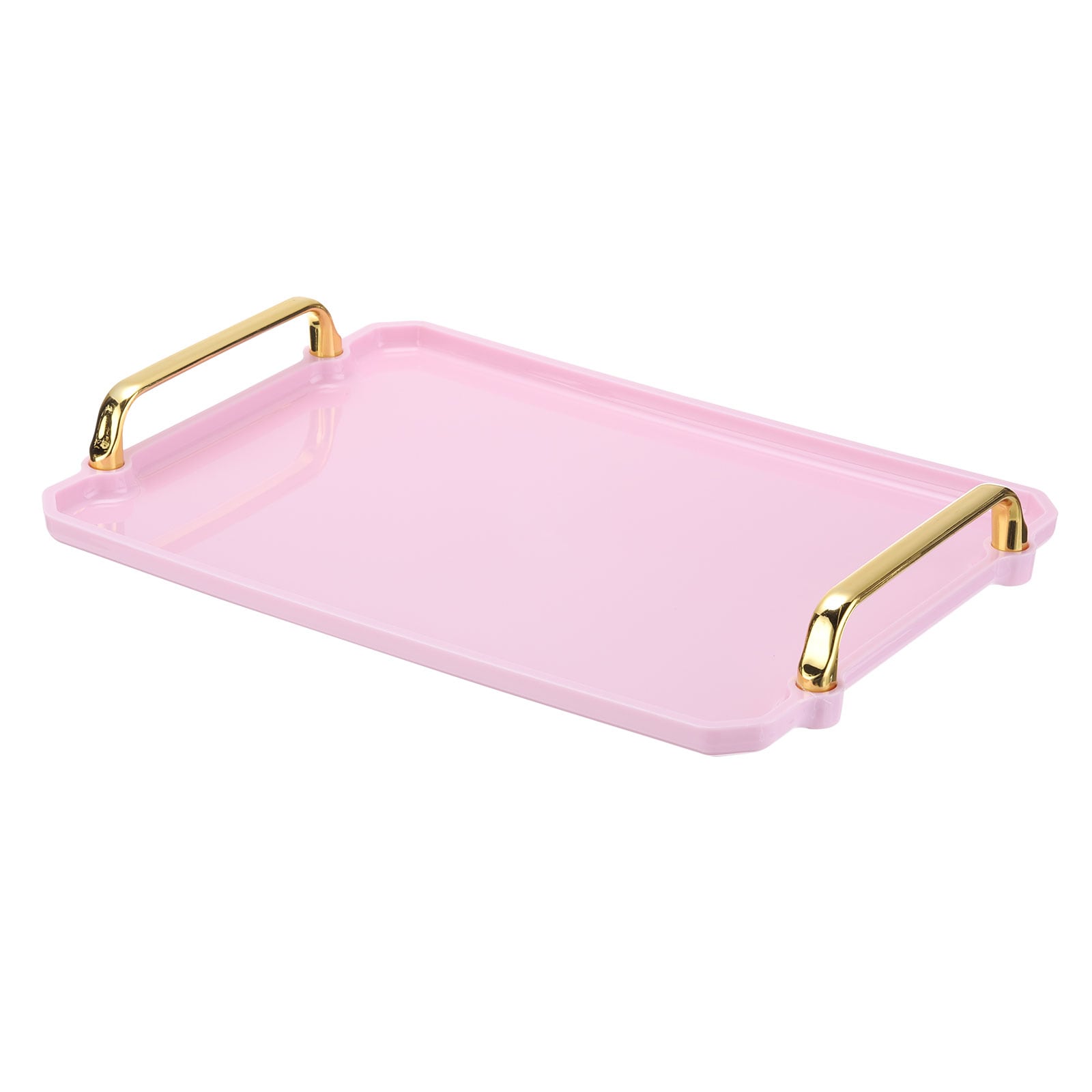 PATIKIL 12 x 8.6 Inches Plastic Serving Tray with Golden Handles Reusable Tray Rectangular Party Platters for Dessert Coffee Tea Table Living Room Kitchen Countertop Pink #S26031800UX1156