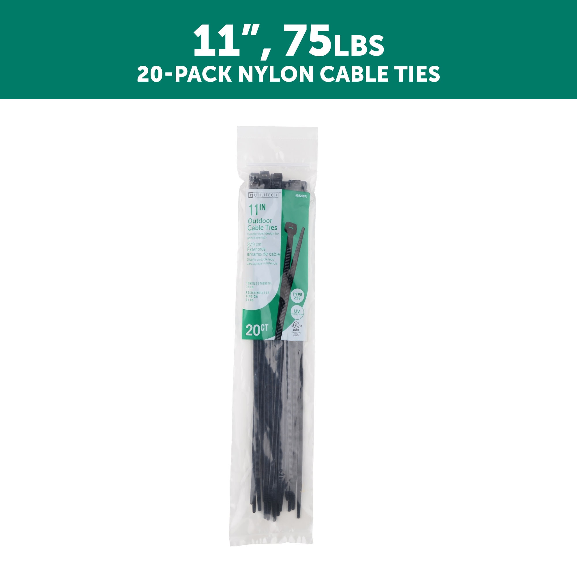 Utilitech 11-in Nylon Zip Ties Black with Uv Protection (20-Pack