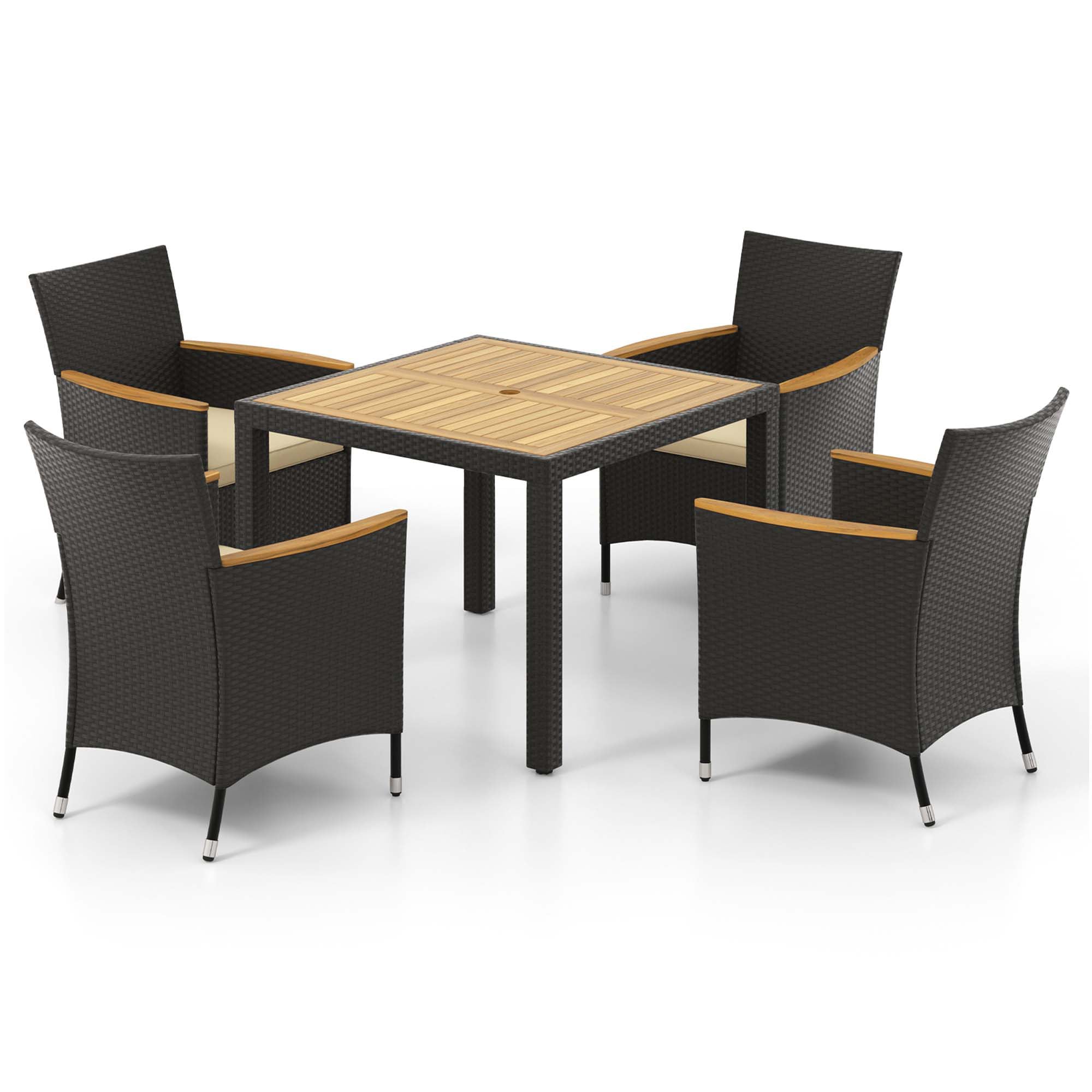 Costway HCST00923 5 -Piece Brown Patio Dining Set Wood Rectangle Table with 4 Cushions Stationary Chairs