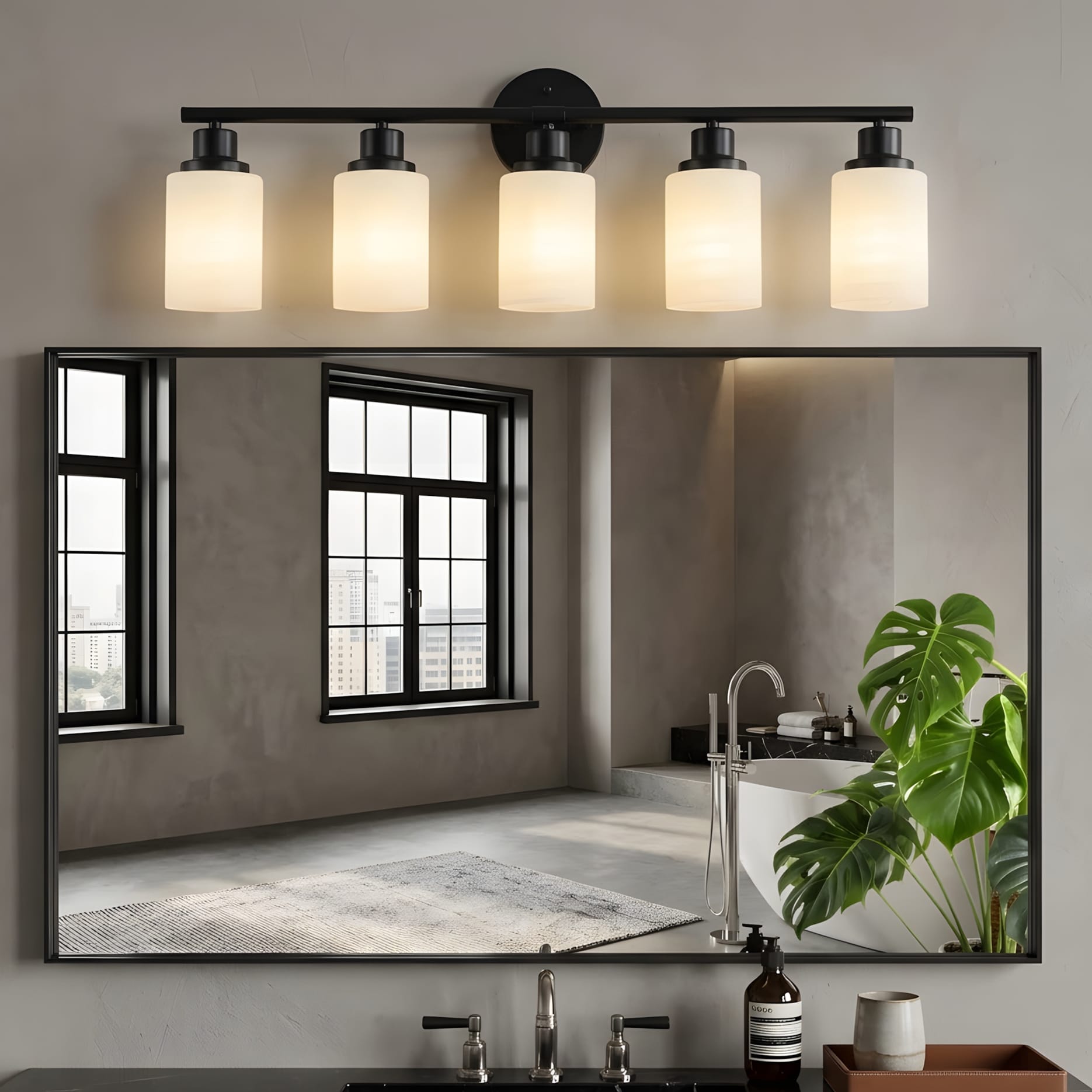 RCCFBHM 31-in 5-Light Black Transitional-Style Bathroom Vanity Light with Frosted White Glass Shades