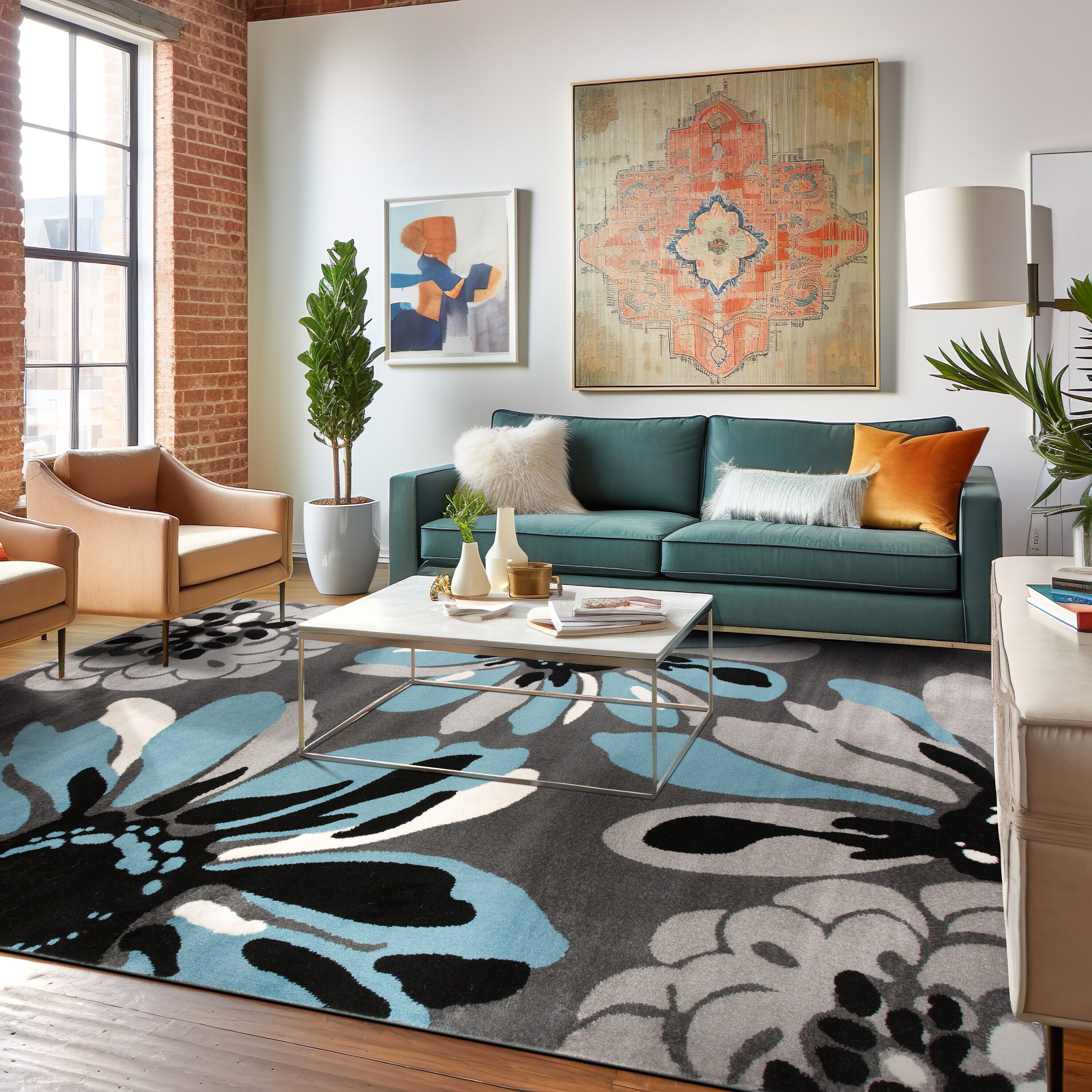 Blue and Gray Abstract Floral Synthetic Area Rug 8'8" x 12'